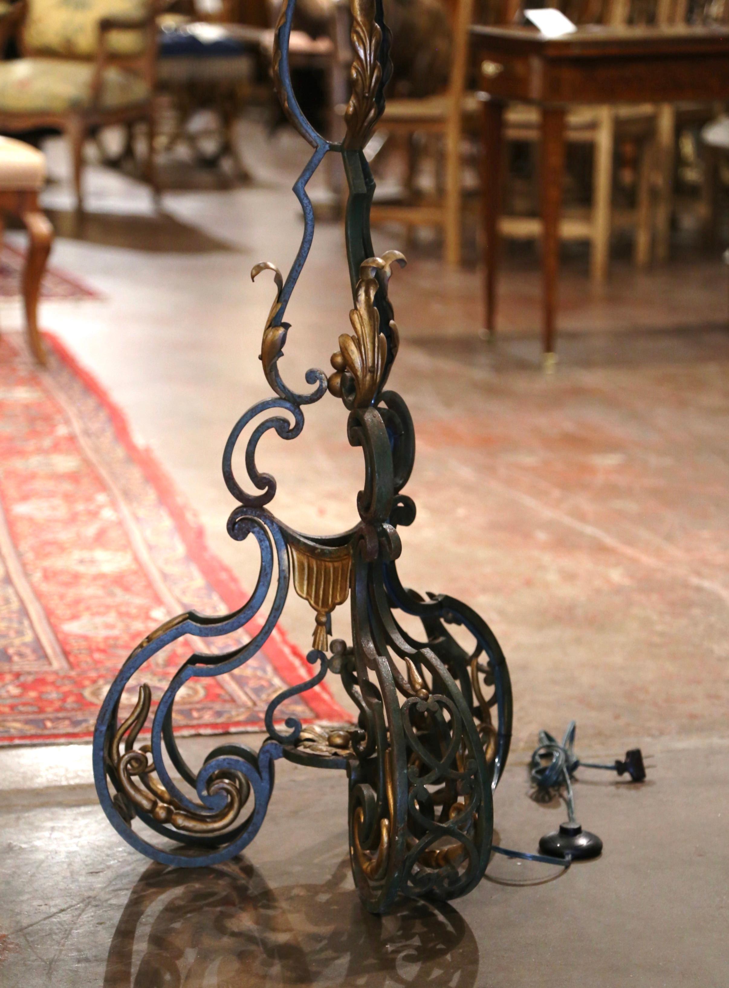 Hand-Crafted Early 20th Century French Louis XV Verdigris and Gilt Wrought Iron Floor Lamp For Sale