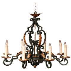 Early 20th Century French Louis XV Verdigris & Gilt Eight-Light Iron Chandelier