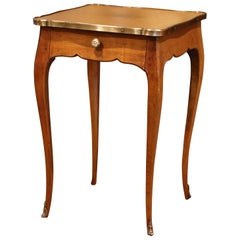 Antique Early 20th Century French Louis XV Walnut and Brass Side Table with Leather Top