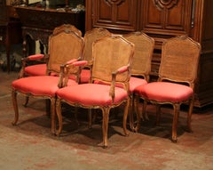 Early 20th Century French Louis XV Walnut Dining Room with Cane Back, Set of Six