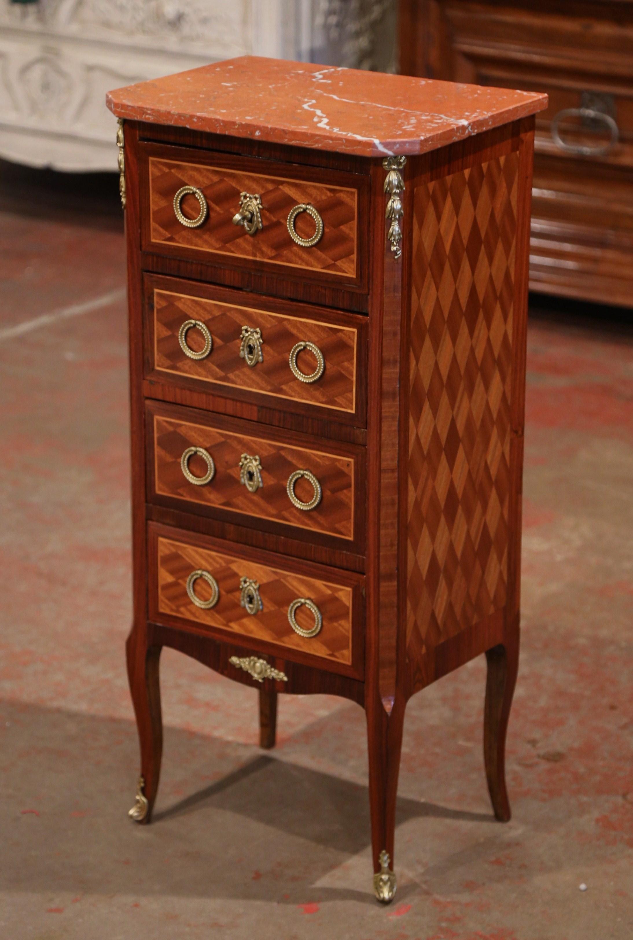 Hand-Carved Early 20th Century French Louis XV Walnut Four-Drawer Chest with Red Marble Top