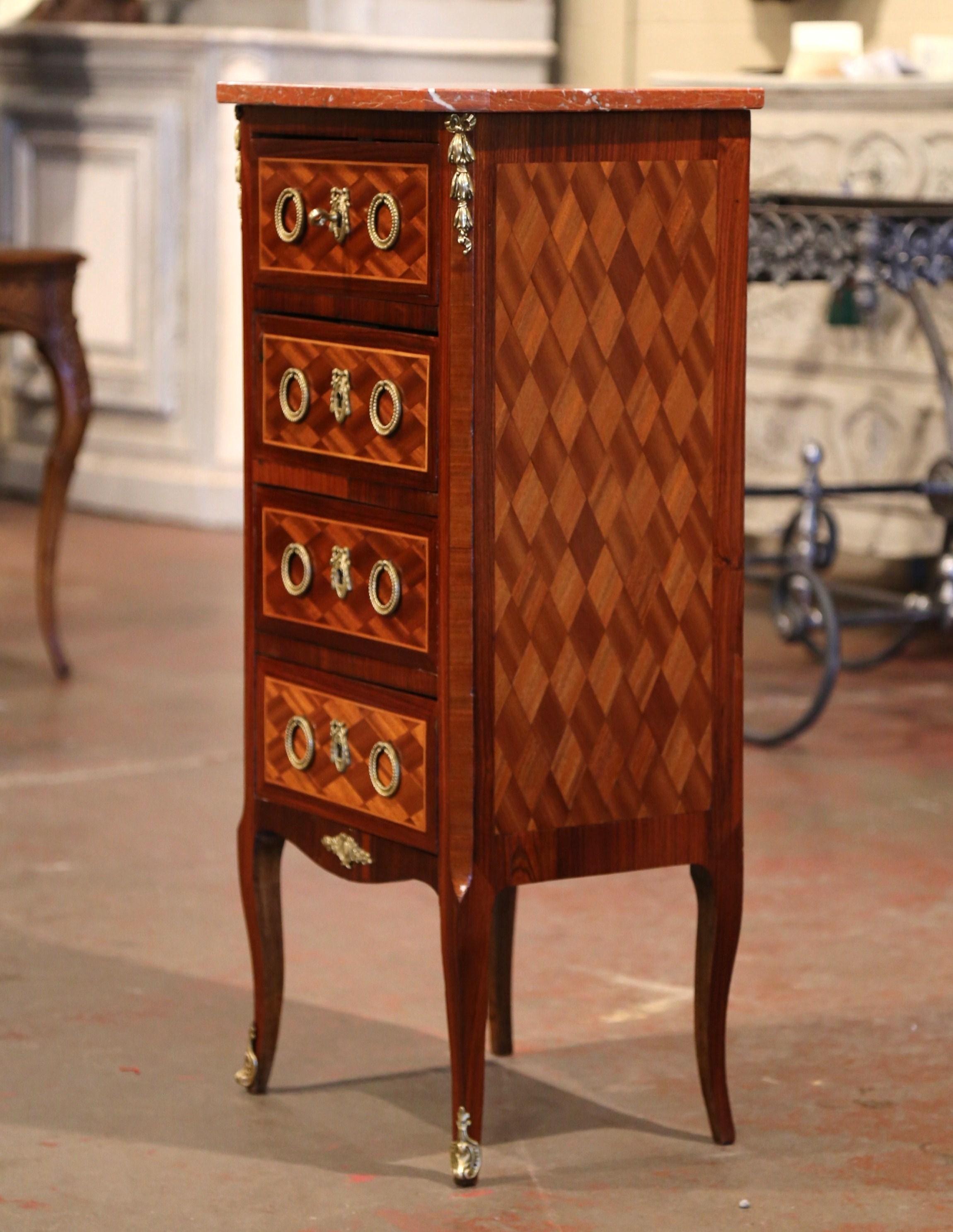 Early 20th Century French Louis XV Walnut Four-Drawer Chest with Red Marble Top 2