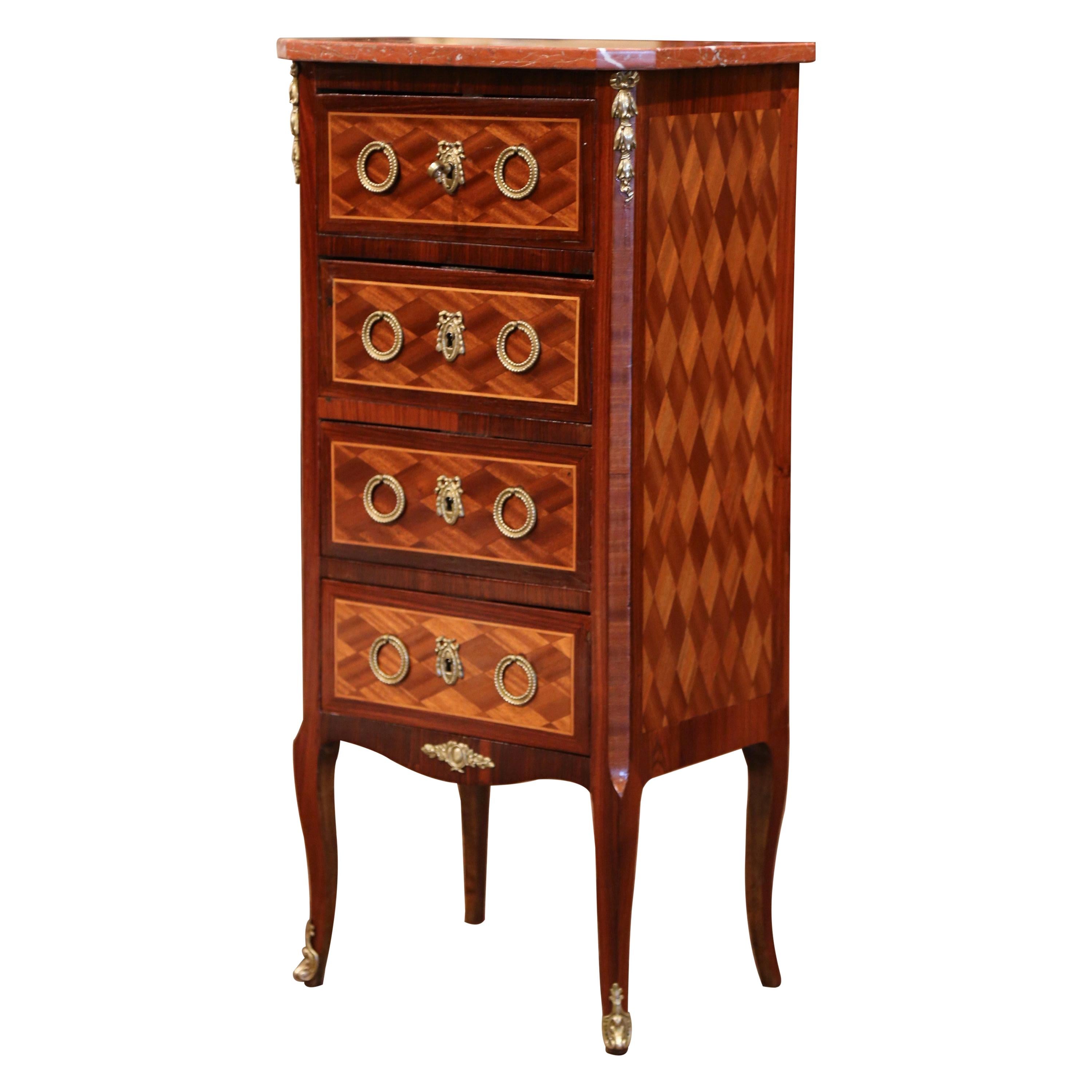 Early 20th Century French Louis XV Walnut Four-Drawer Chest with Red Marble Top
