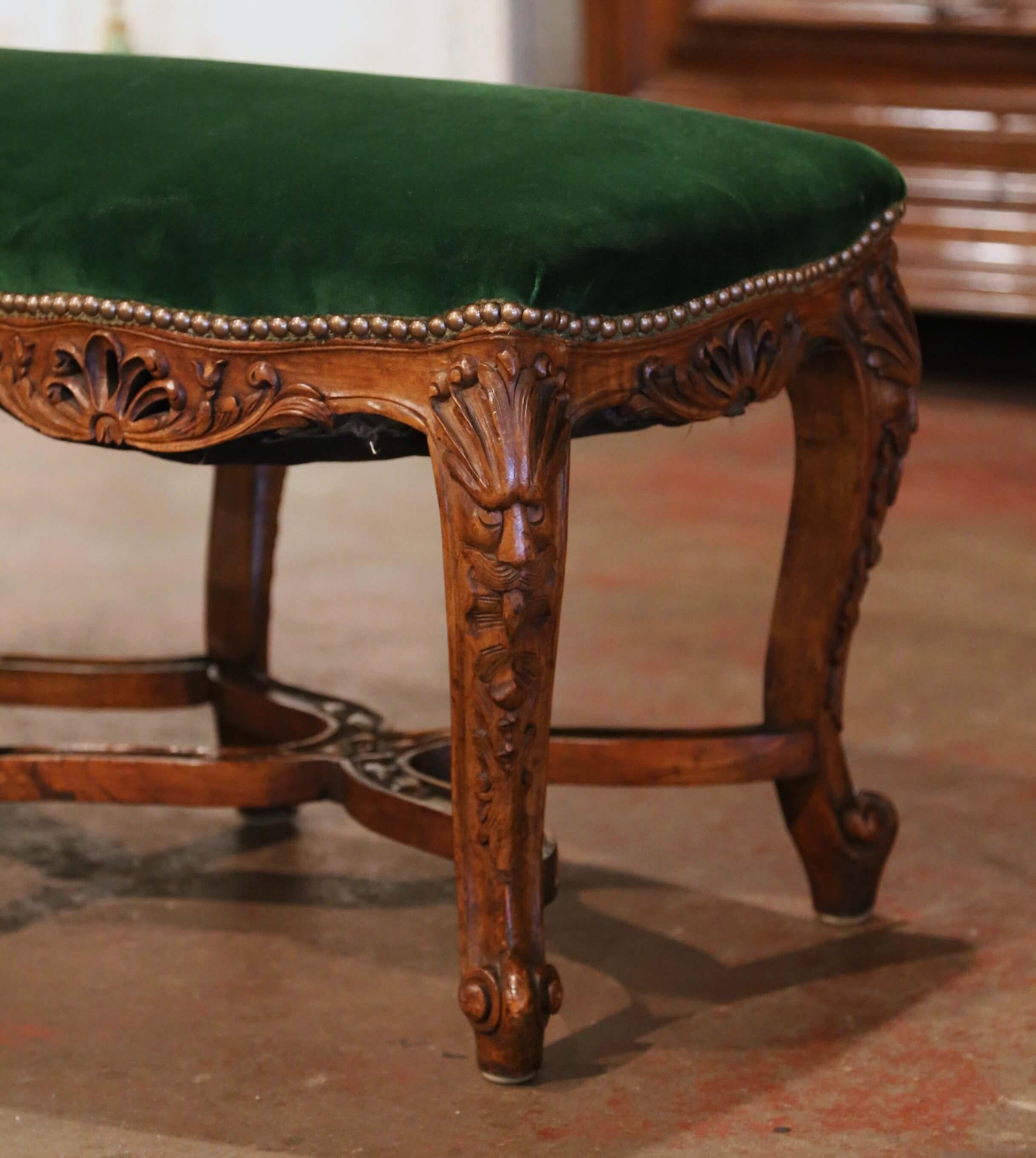 Hand-Carved Early 20th Century French Louis XV Walnut Two Seat Bench with Green Velvet