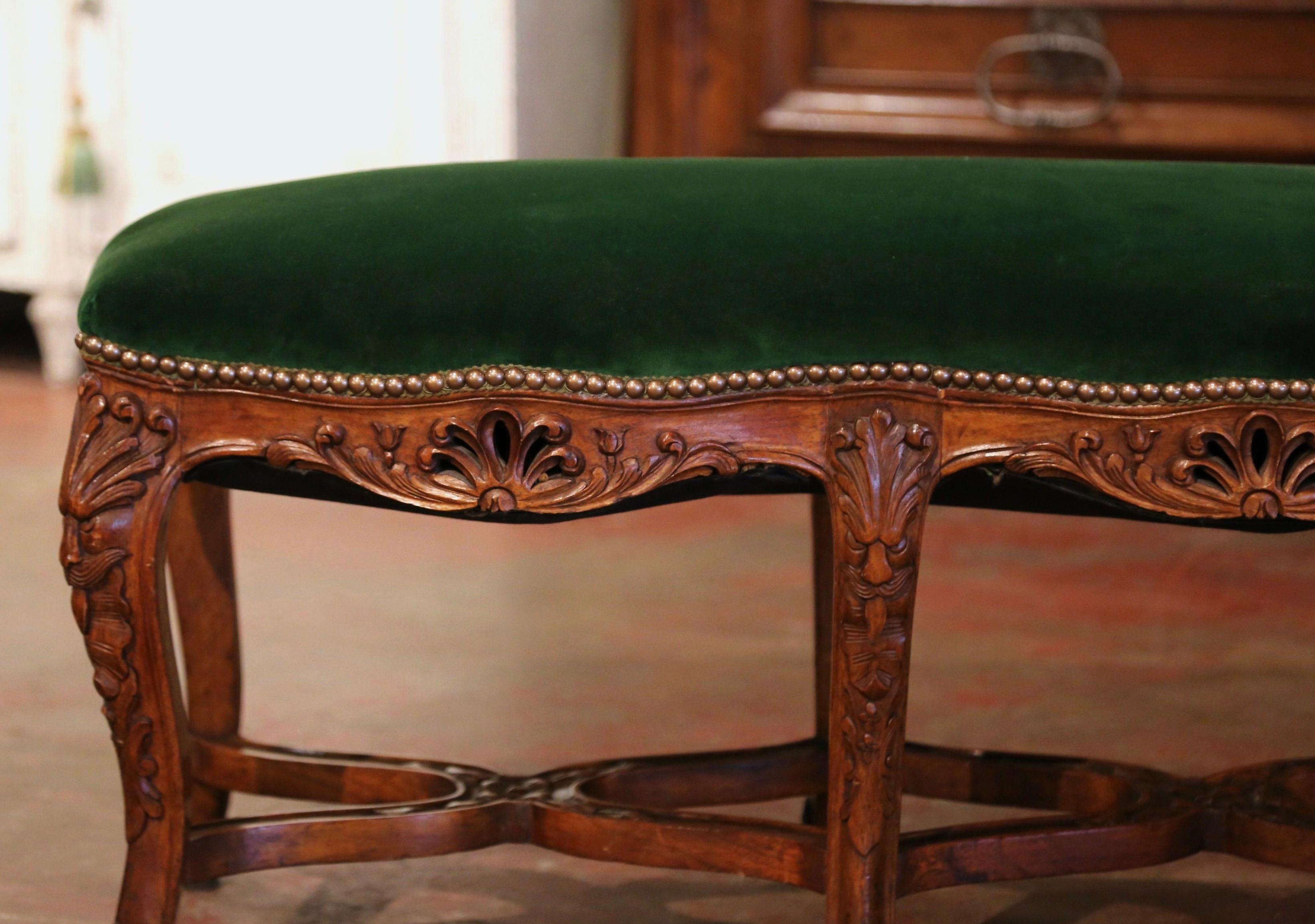 Early 20th Century French Louis XV Walnut Two Seat Bench with Green Velvet 1