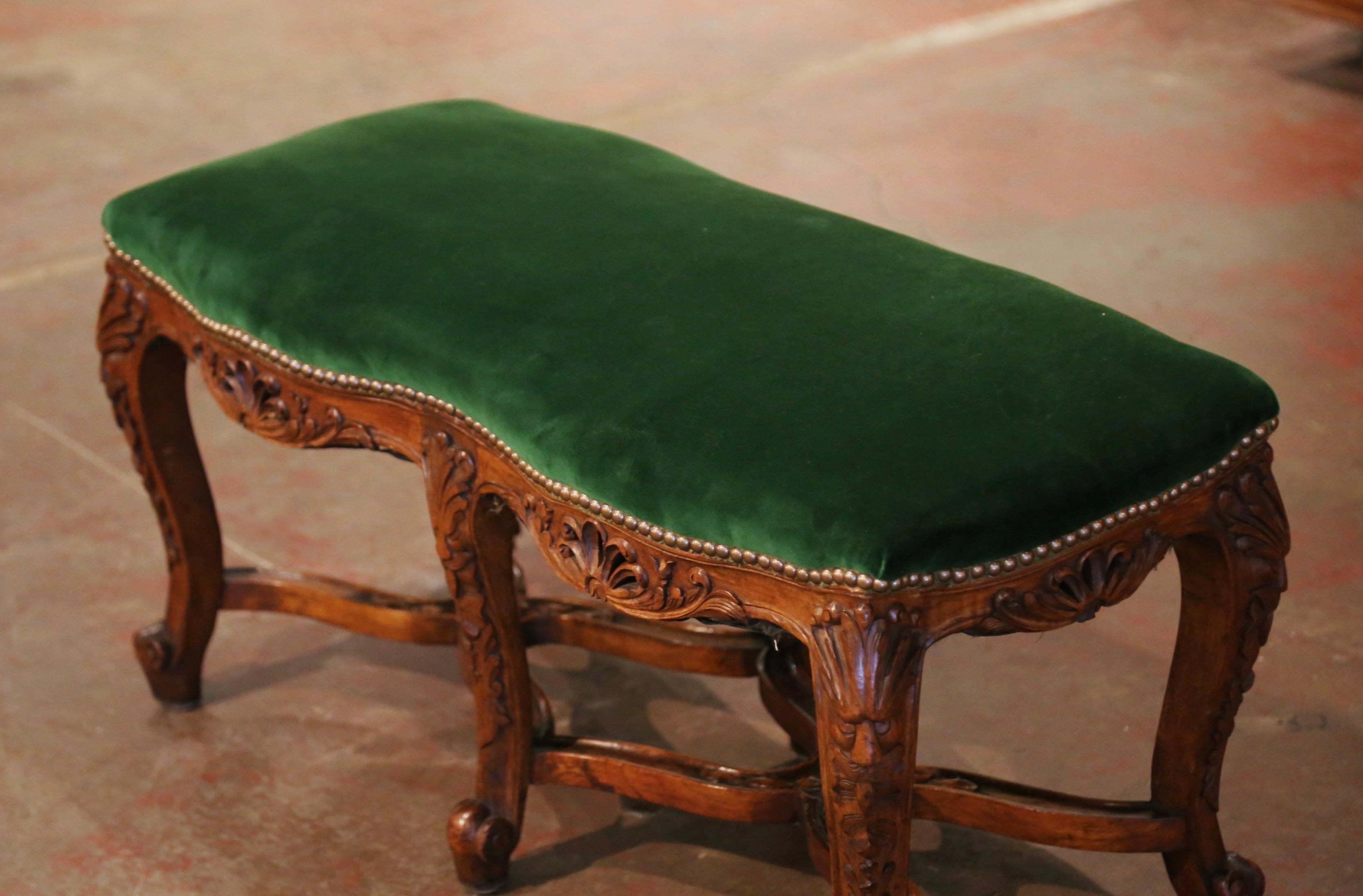 Early 20th Century French Louis XV Walnut Two Seat Bench with Green Velvet 2