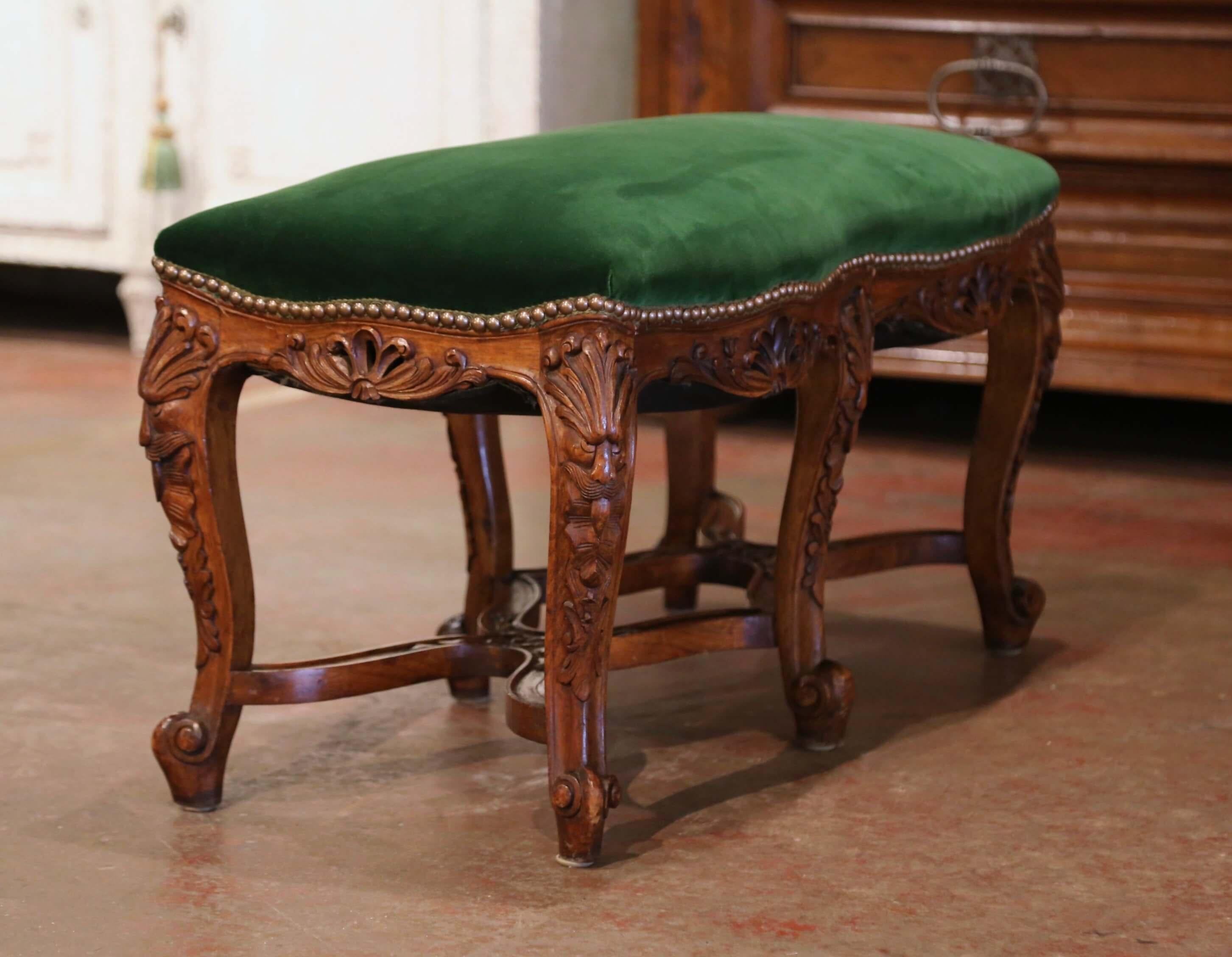 Early 20th Century French Louis XV Walnut Two Seat Bench with Green Velvet 3