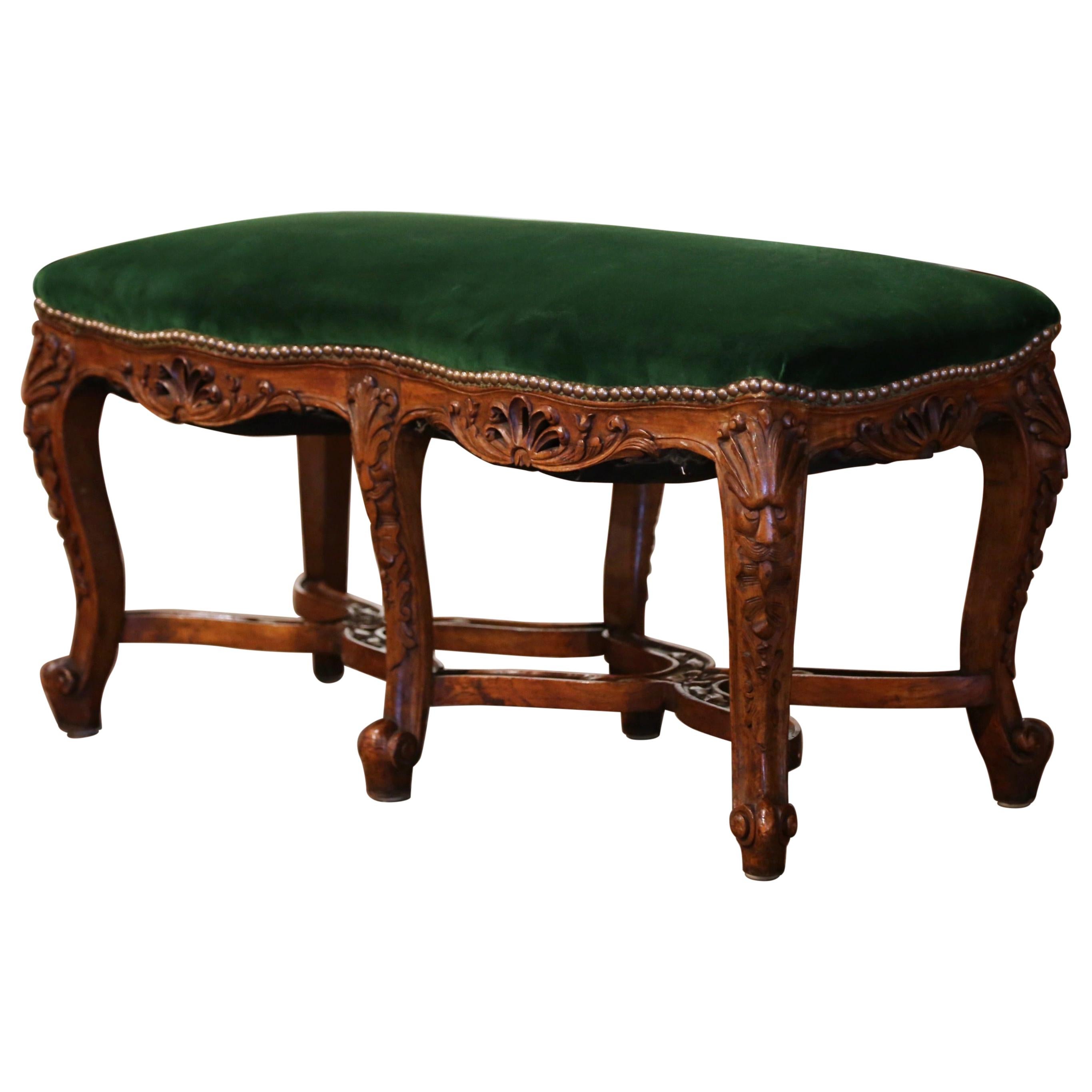 Early 20th Century French Louis XV Walnut Two Seat Bench with Green Velvet