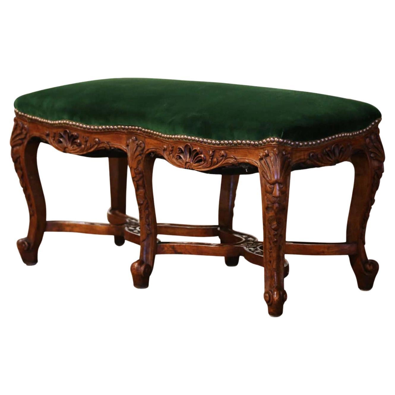 Early 20th Century French Louis XV Walnut Two Seat Bench with Green Velvet