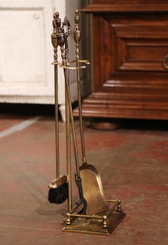 Early 20th Century French Louis XVI Brass Fireplace Three-Tool Set on Stand