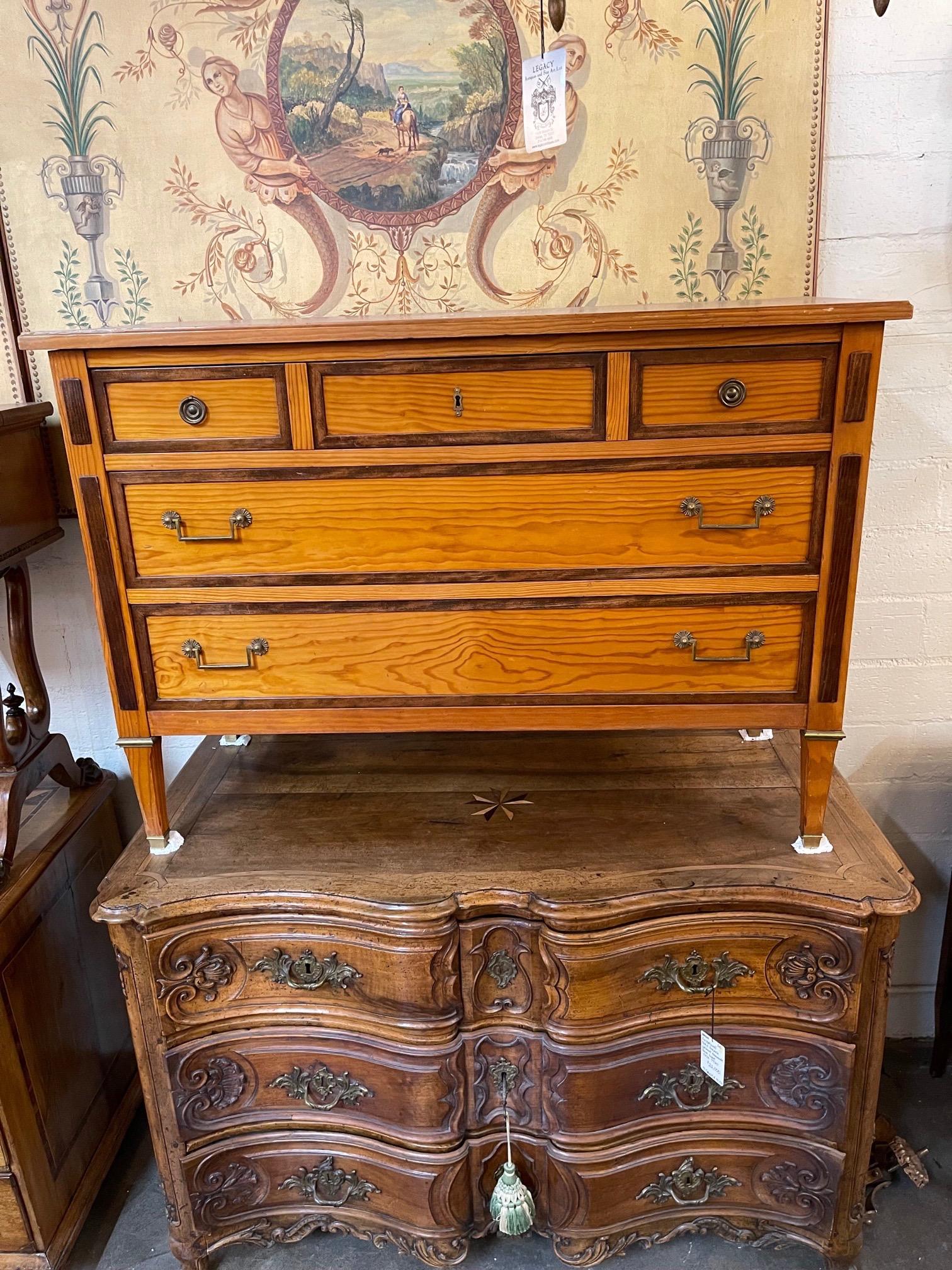 Lovely early 20th century French Louis XVI Maple commode. Nice wood grain, handsome hardware and 3 drawers for storage. Very nice!
