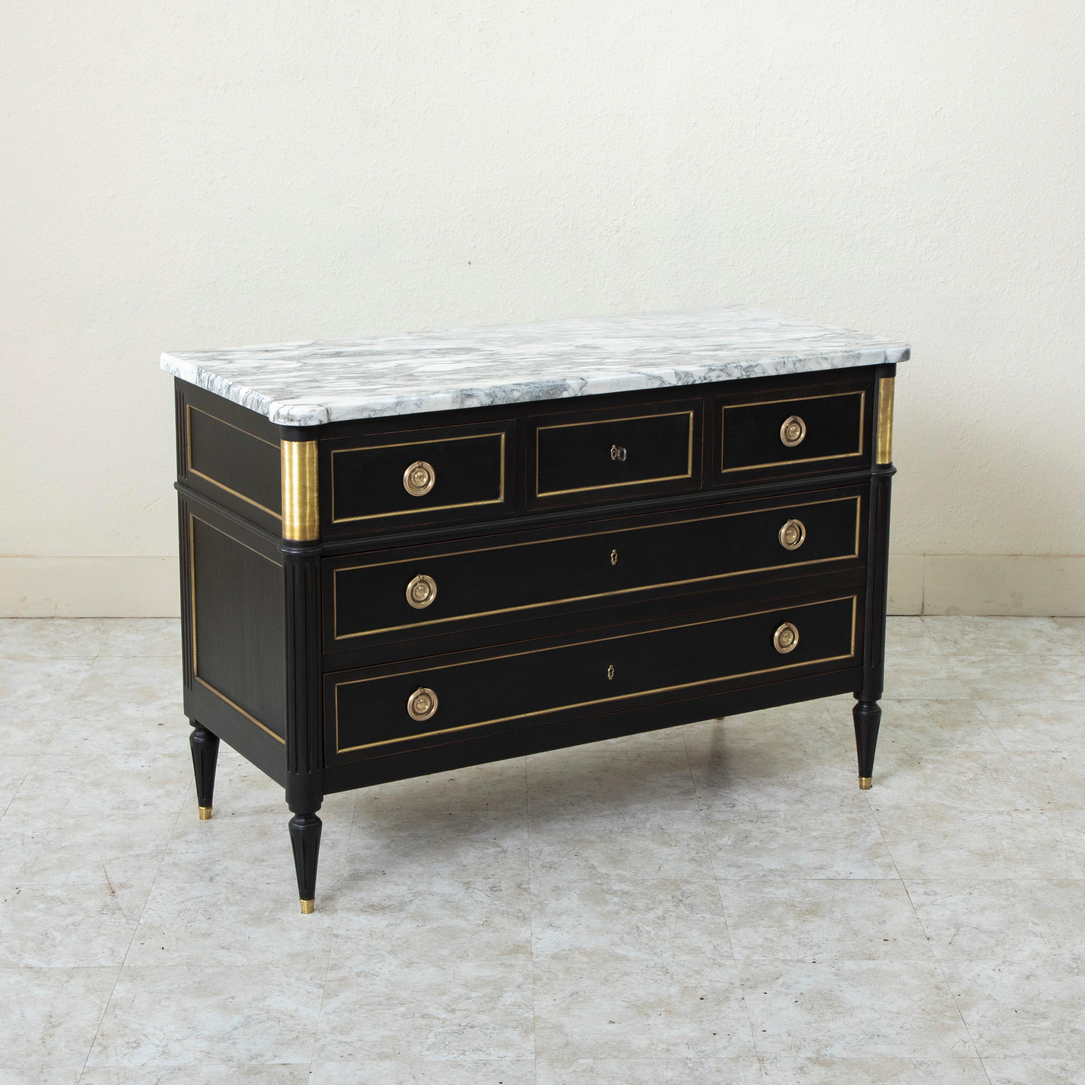 Early 20th Century French Louis XVI Style Black Painted Chest of Drawers, Marble In Good Condition In Fayetteville, AR