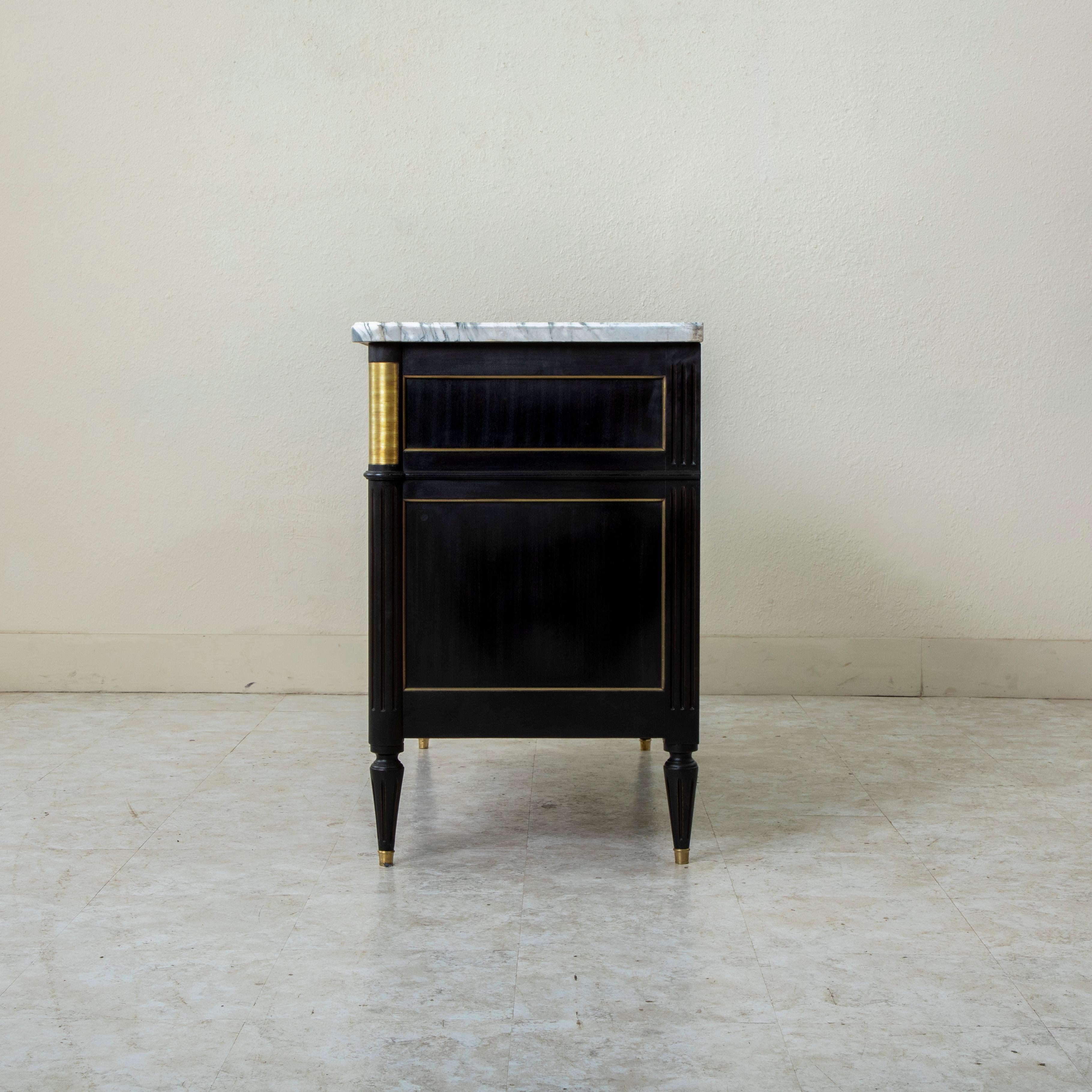 Bronze Early 20th Century French Louis XVI Style Black Painted Chest of Drawers, Marble