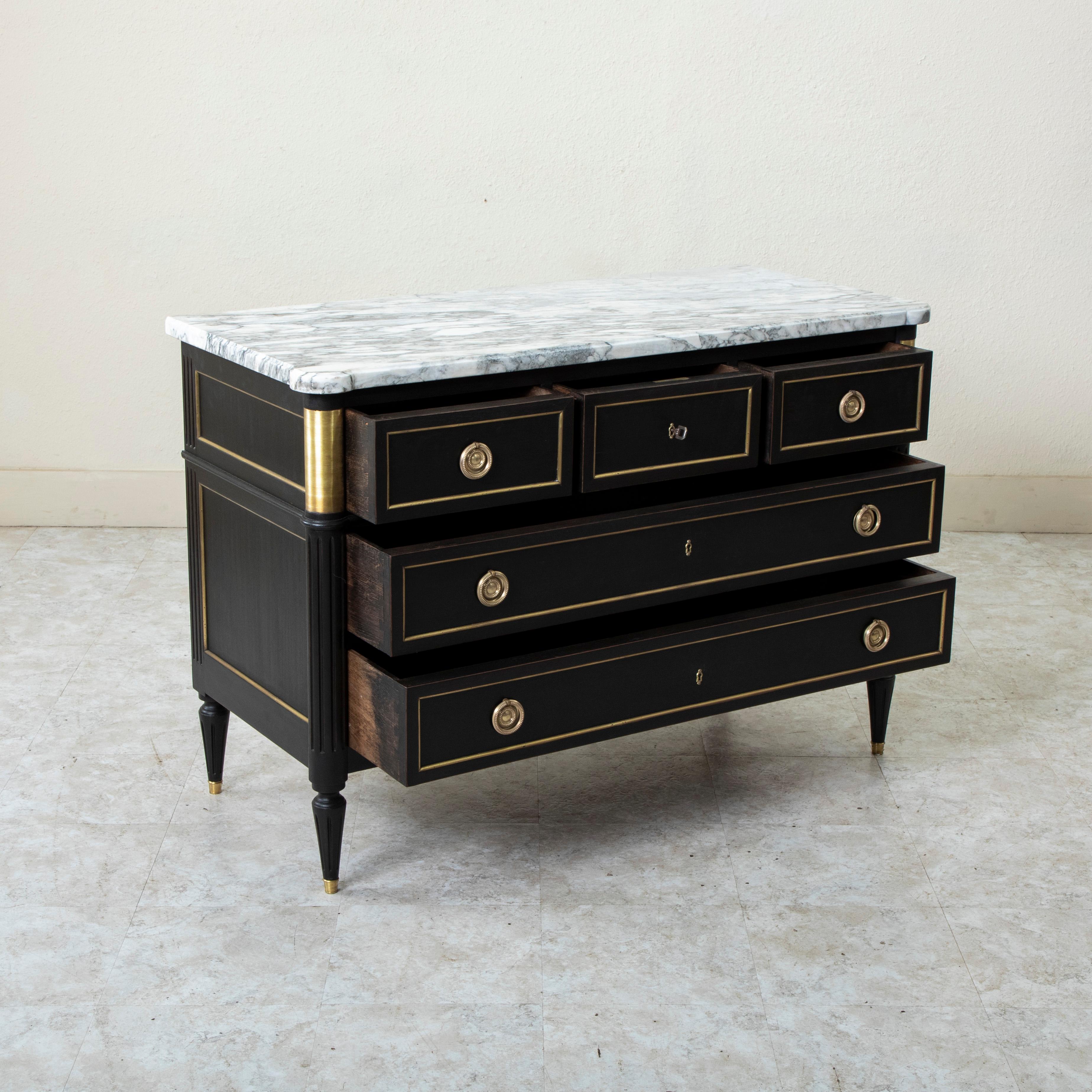 Early 20th Century French Louis XVI Style Black Painted Chest of Drawers, Marble 3