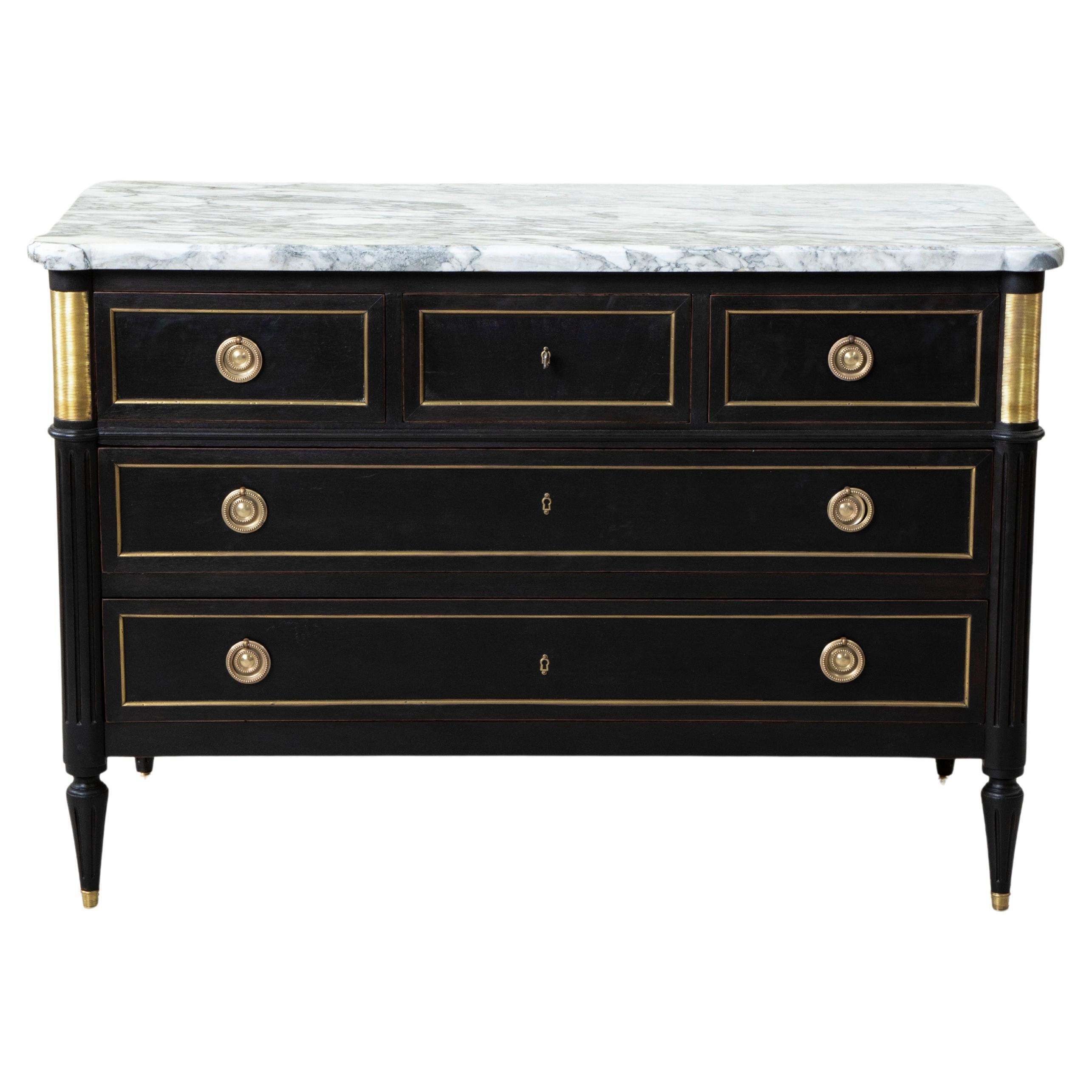 Early 20th Century French Louis XVI Style Black Painted Chest of Drawers, Marble