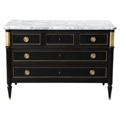 Early 20th Century French Louis XVI Style Black Painted Chest of Drawers, Marble