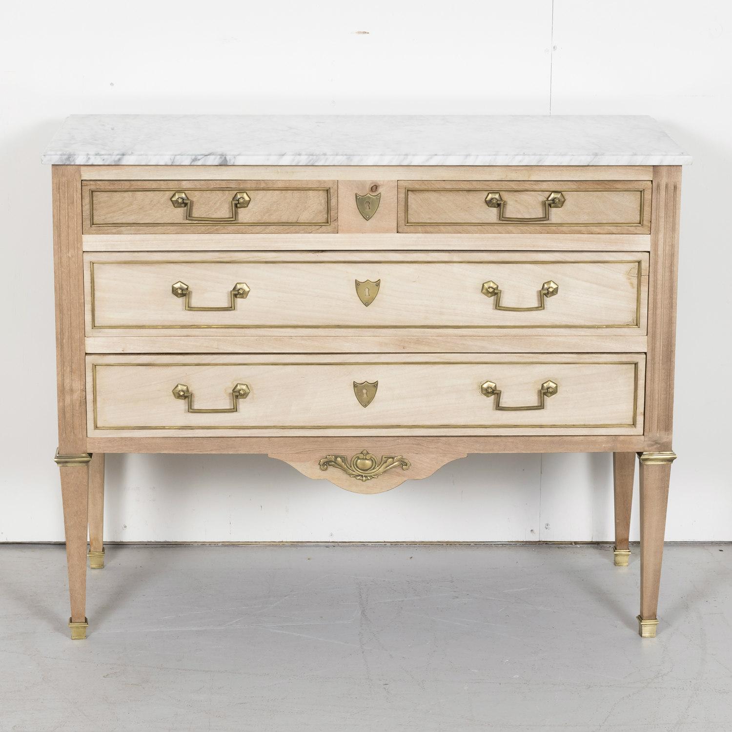 Ormolu Early 20th Century French Louis XVI Style Bleached Commode with Carrara Marble