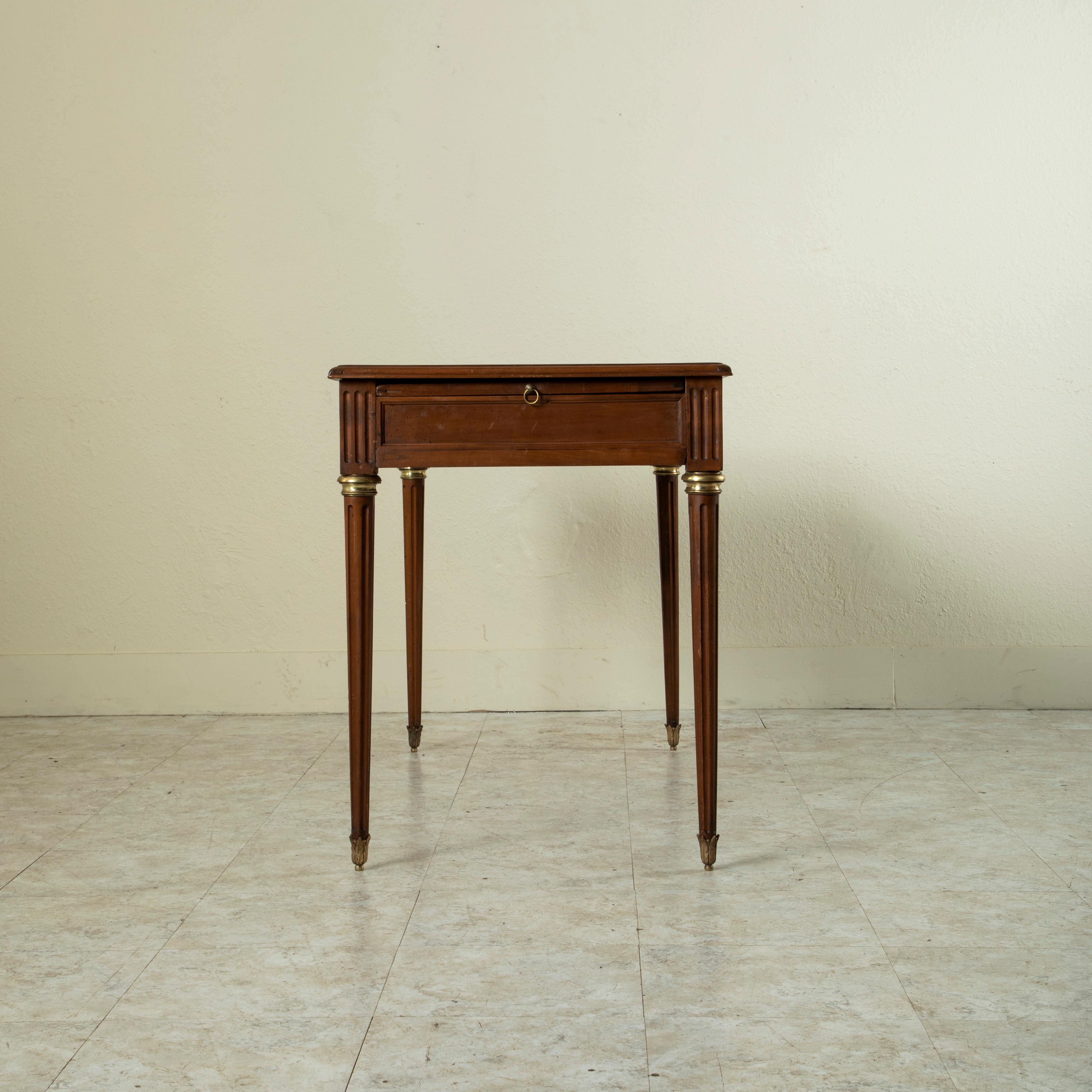 Brass Early 20th Century French Louis XVI Style Cherrywood Desk, Tooled Leather Top