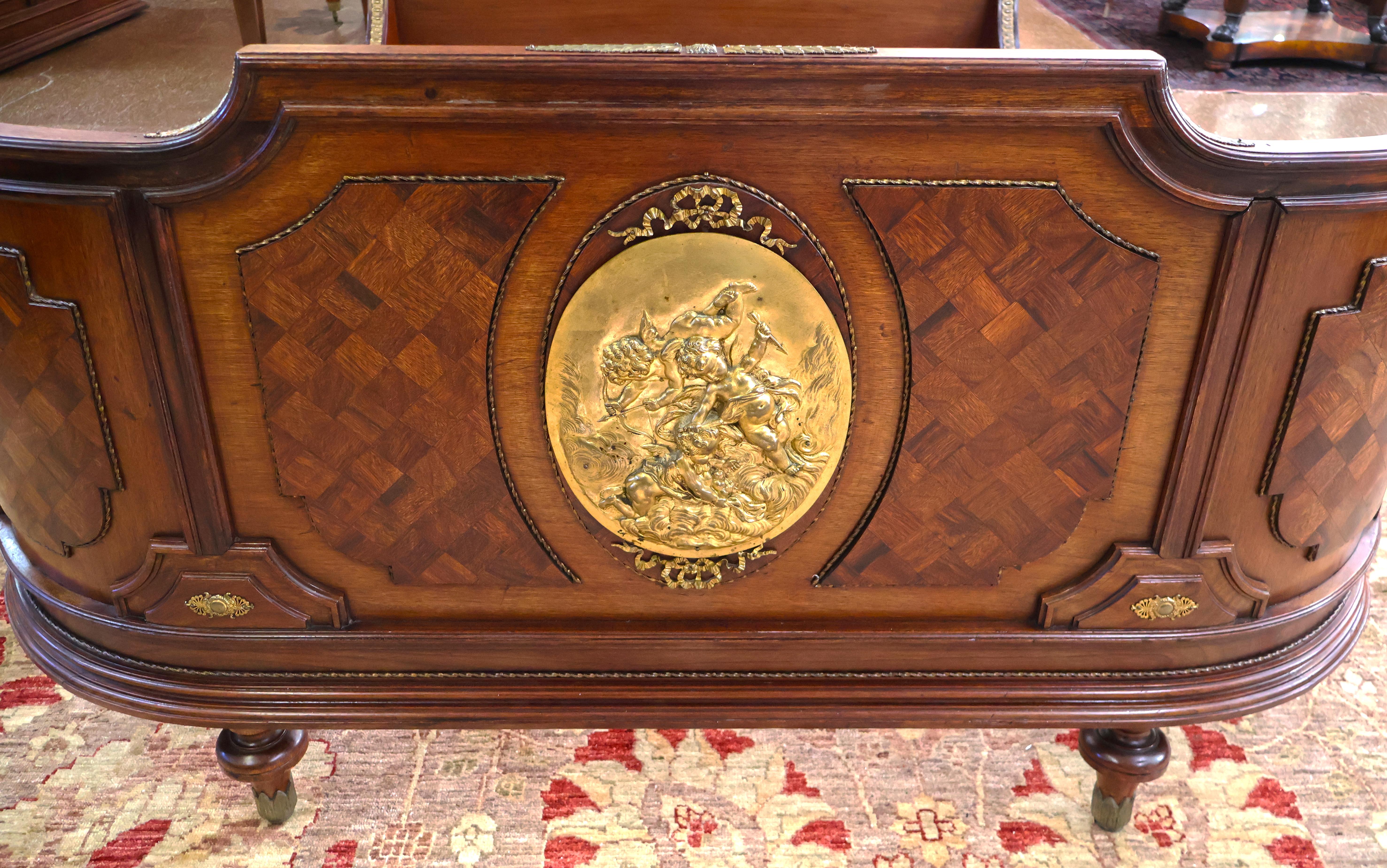 Early 20th Century French Louis XVI Style Inlaid Bronze Mounted Walnut Full Bed For Sale 9