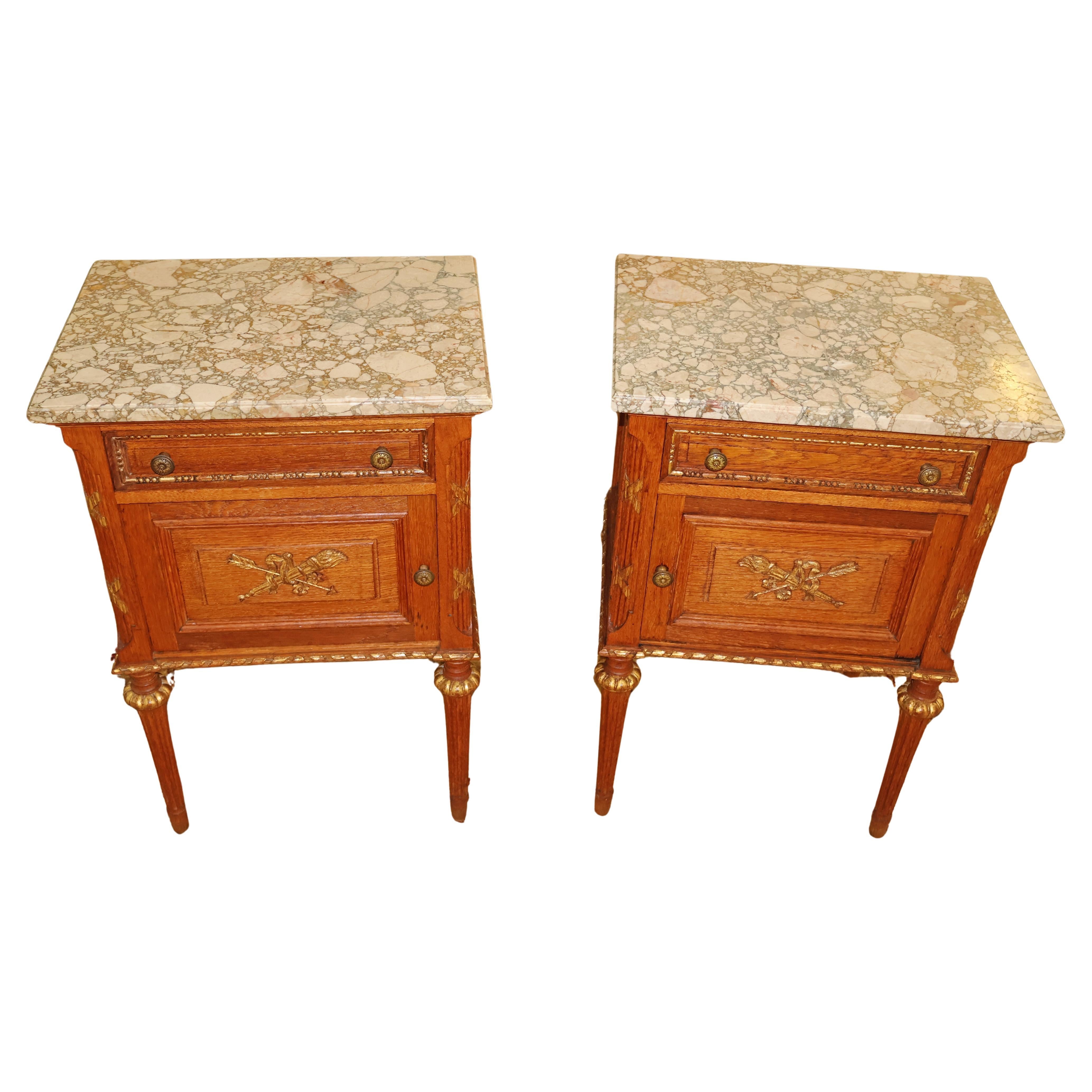 Early 20th Century French Louis XVI Style Oak Marble Top End Table Nightstands