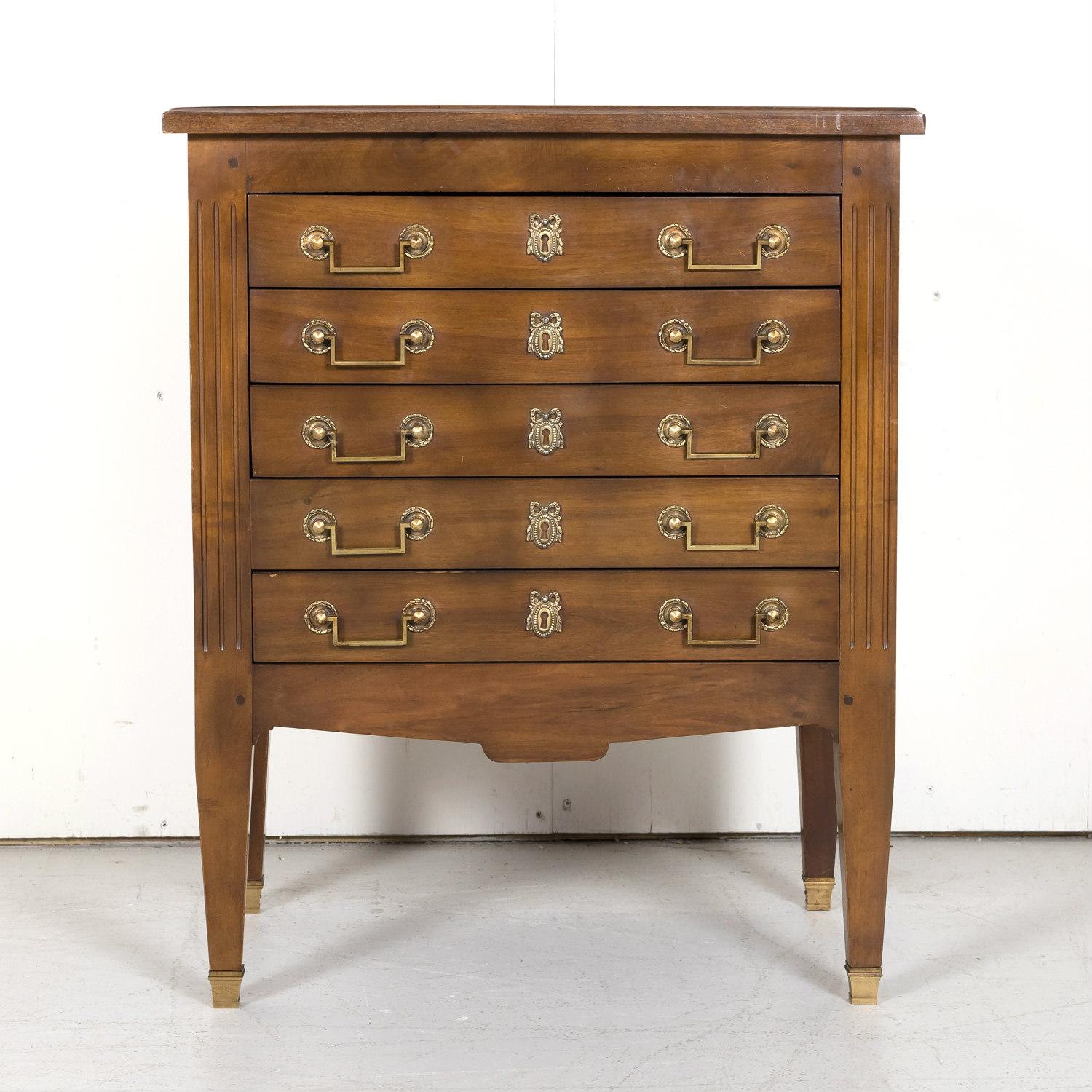 Early 20th Century French Louis XVI Style Petite Five Drawer Walnut Commode In Good Condition In Birmingham, AL