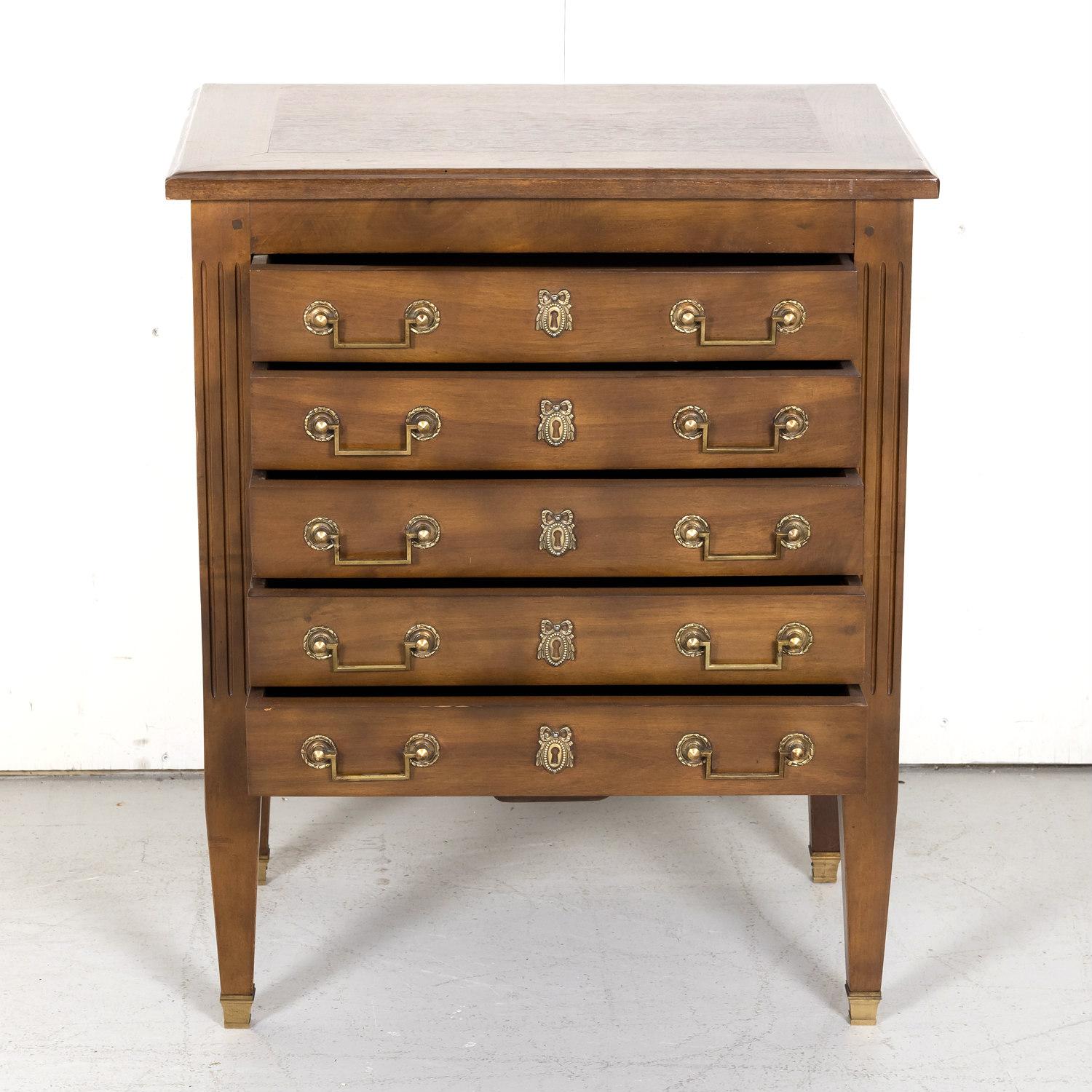 Early 20th Century French Louis XVI Style Petite Five Drawer Walnut Commode 2