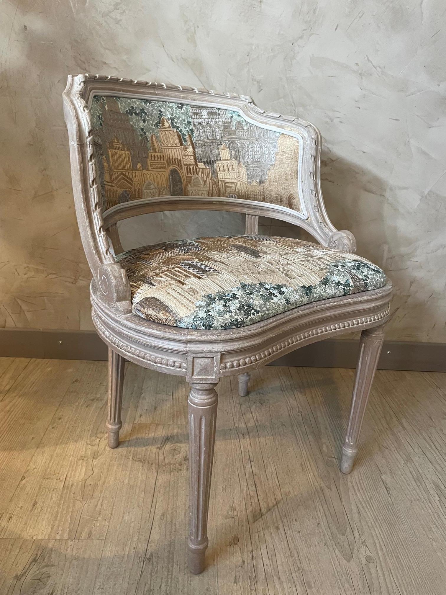 Beautiful Early 20th century French Louis XVI style chair. 
Has been reupholstered by an upholsterer professional meticulously with a high quality of fabric made by the French house Thevenon. 
The wood has been cleaned, sanded and painted with a