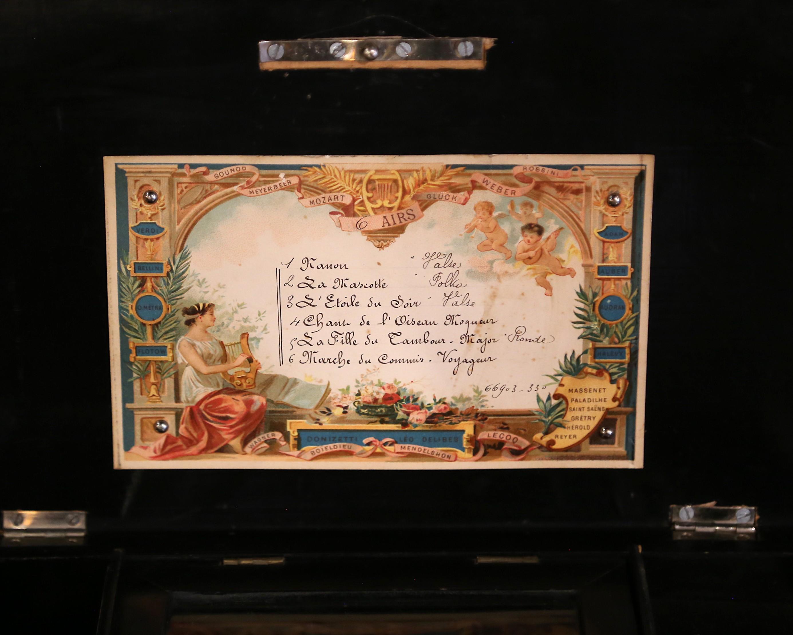 Early 20th Century French Mahogany and Painted Six-Song Cylinder Music Box In Excellent Condition For Sale In Dallas, TX