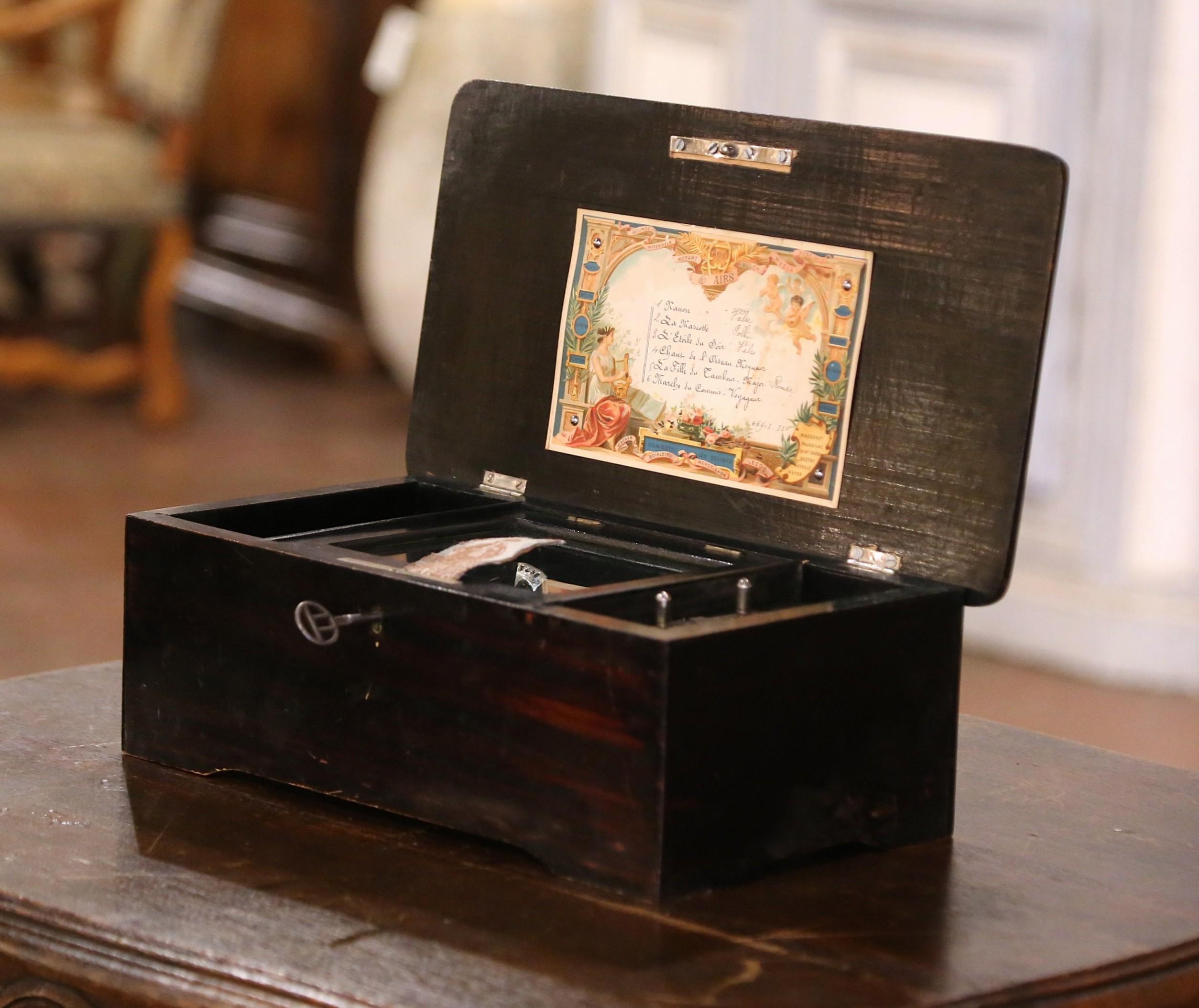 Brass Early 20th Century French Mahogany and Painted Six-Song Cylinder Music Box For Sale