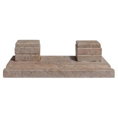 Early 20th Century French Marble Desk Inkstand, White and Gray Finish