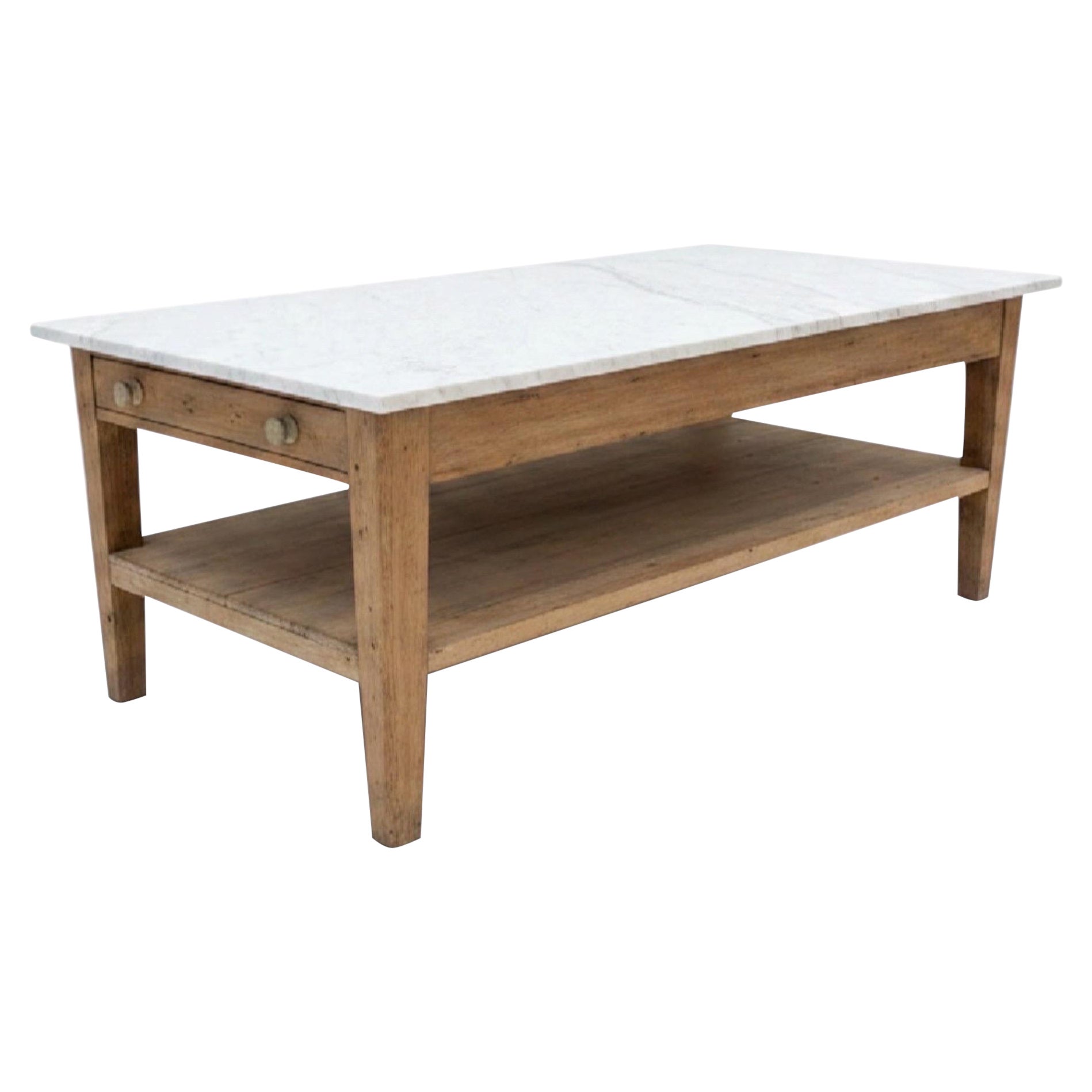 Early 20th Century French Marble-Top Oak Work Table, circa 1910 with 2 Drawers For Sale