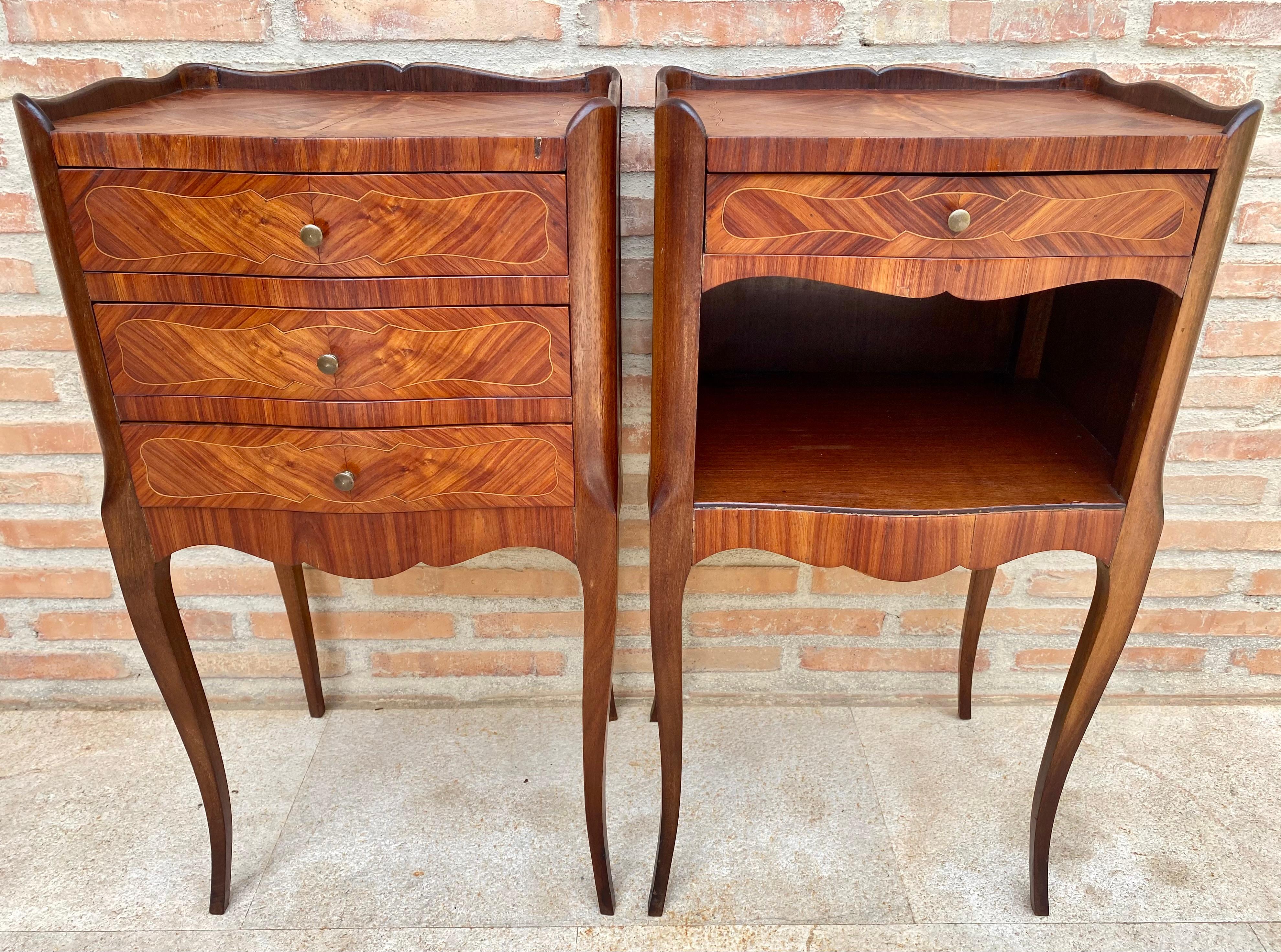 Description
Matching Kingwood Louis XV style nightstands, distinguished from each other in that one has three drawers and the other has one drawer and one open shelf, with marquetry on top, sides and front. The pieces retain their original