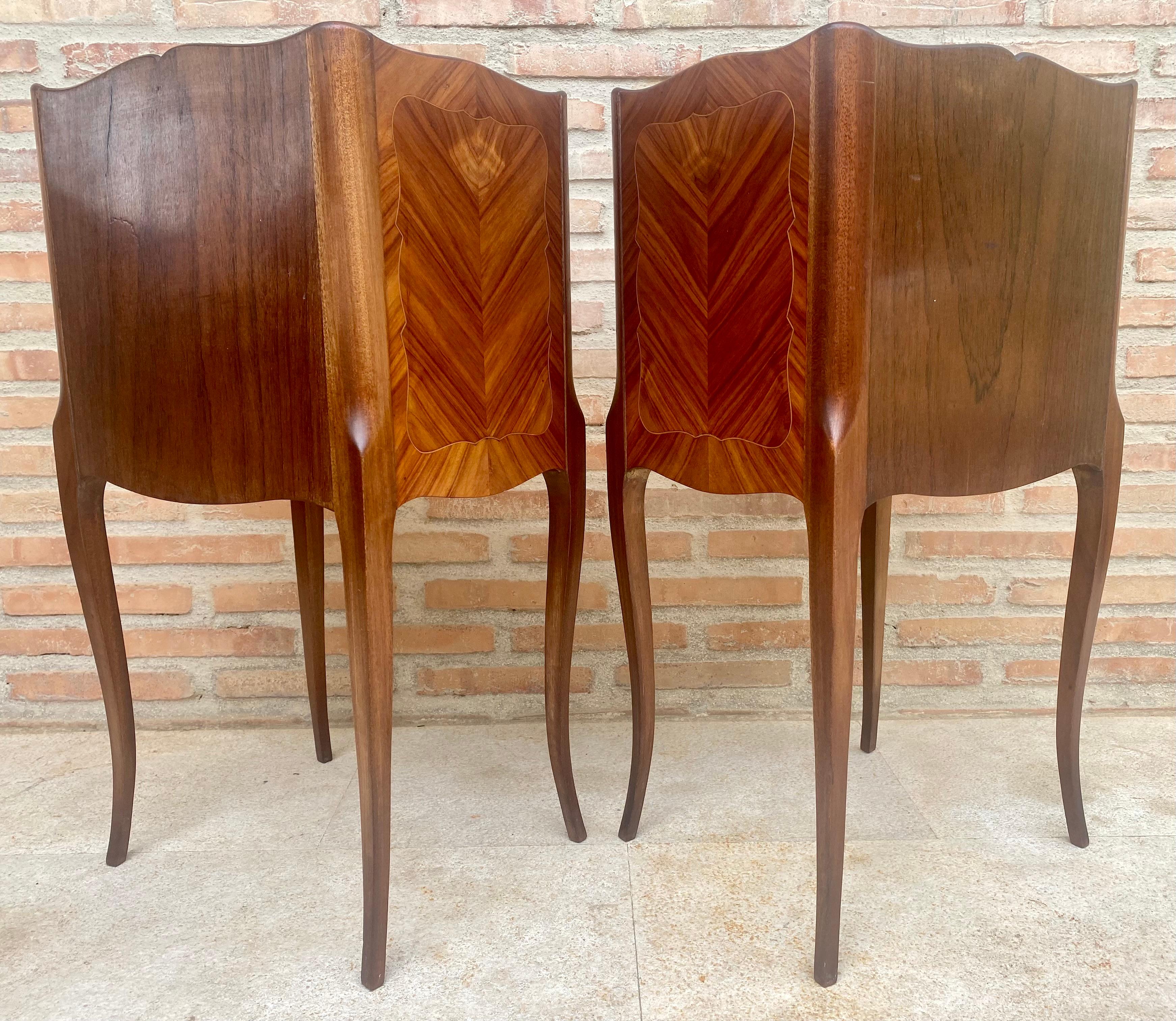 Walnut Early 20th Century French Marquetry and Iron Hardware Bedside Tables or Nightsta For Sale