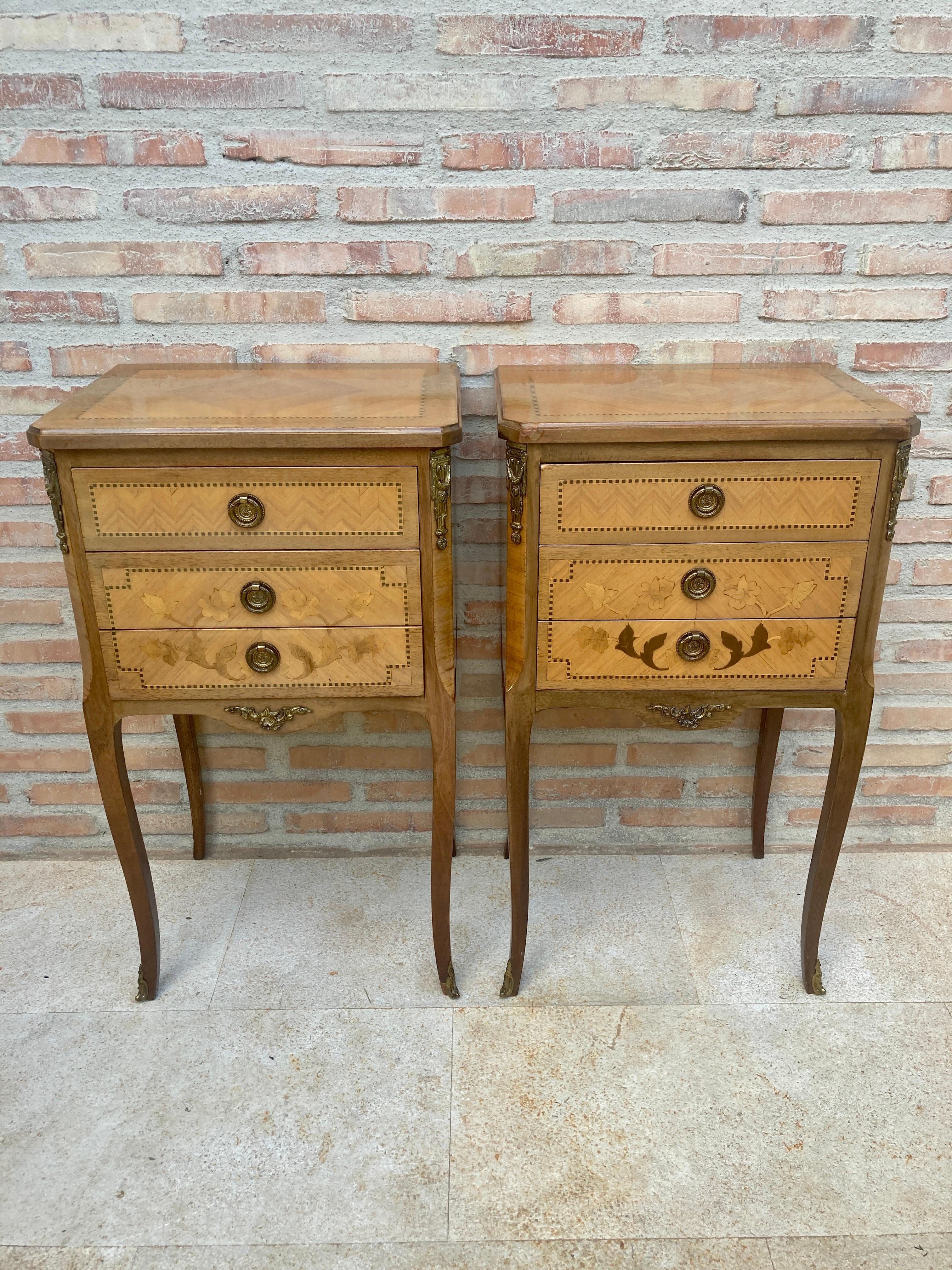 Early 20th Century French Marquetry Bedside Tables and Bronze Hardware, Set of 2 2