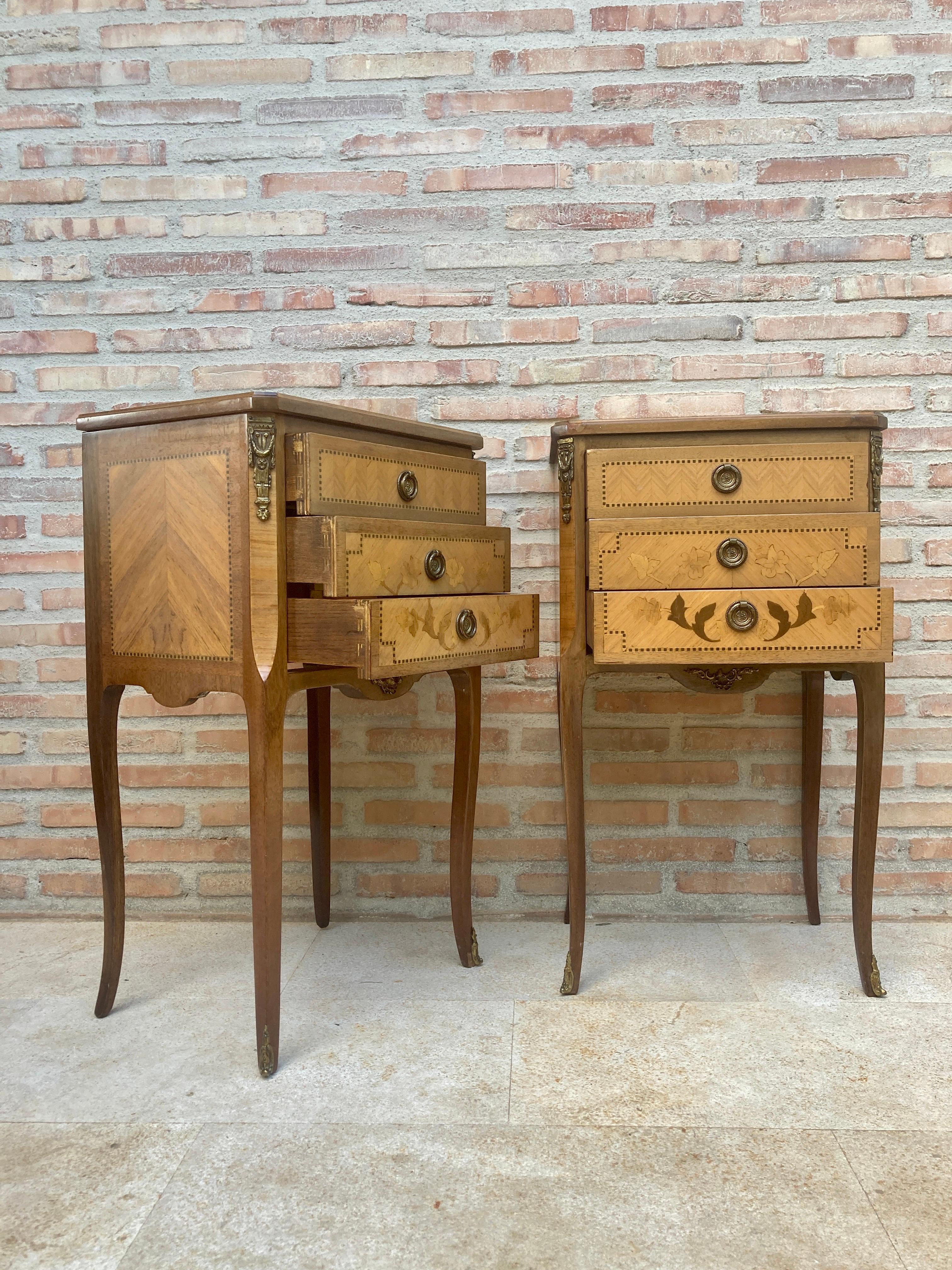 Early 20th Century French Marquetry Bedside Tables and Bronze Hardware, Set of 2 For Sale 4