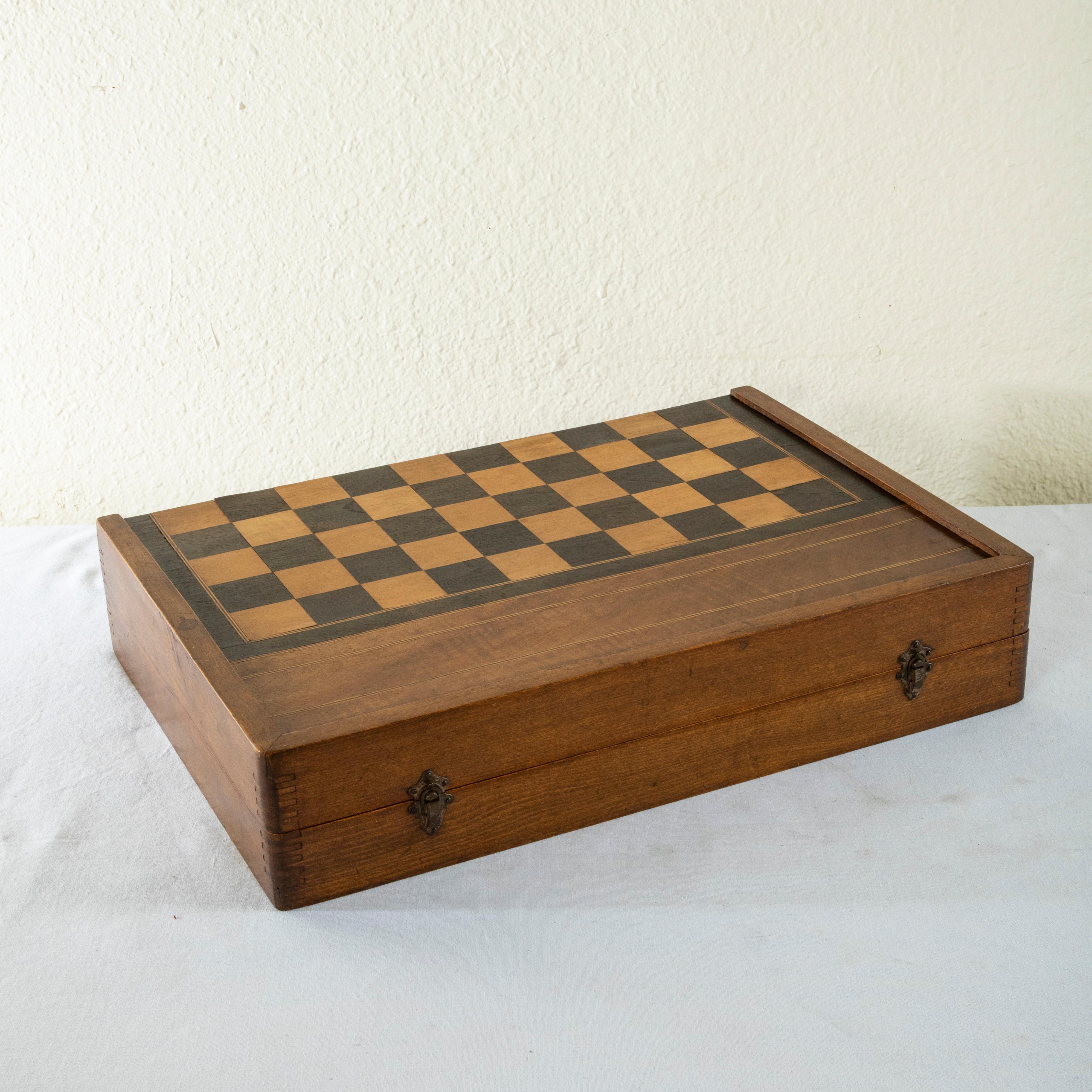 Ebonized Early 20th Century French Marquetry Game Box, Backgammon, Checkers For Sale