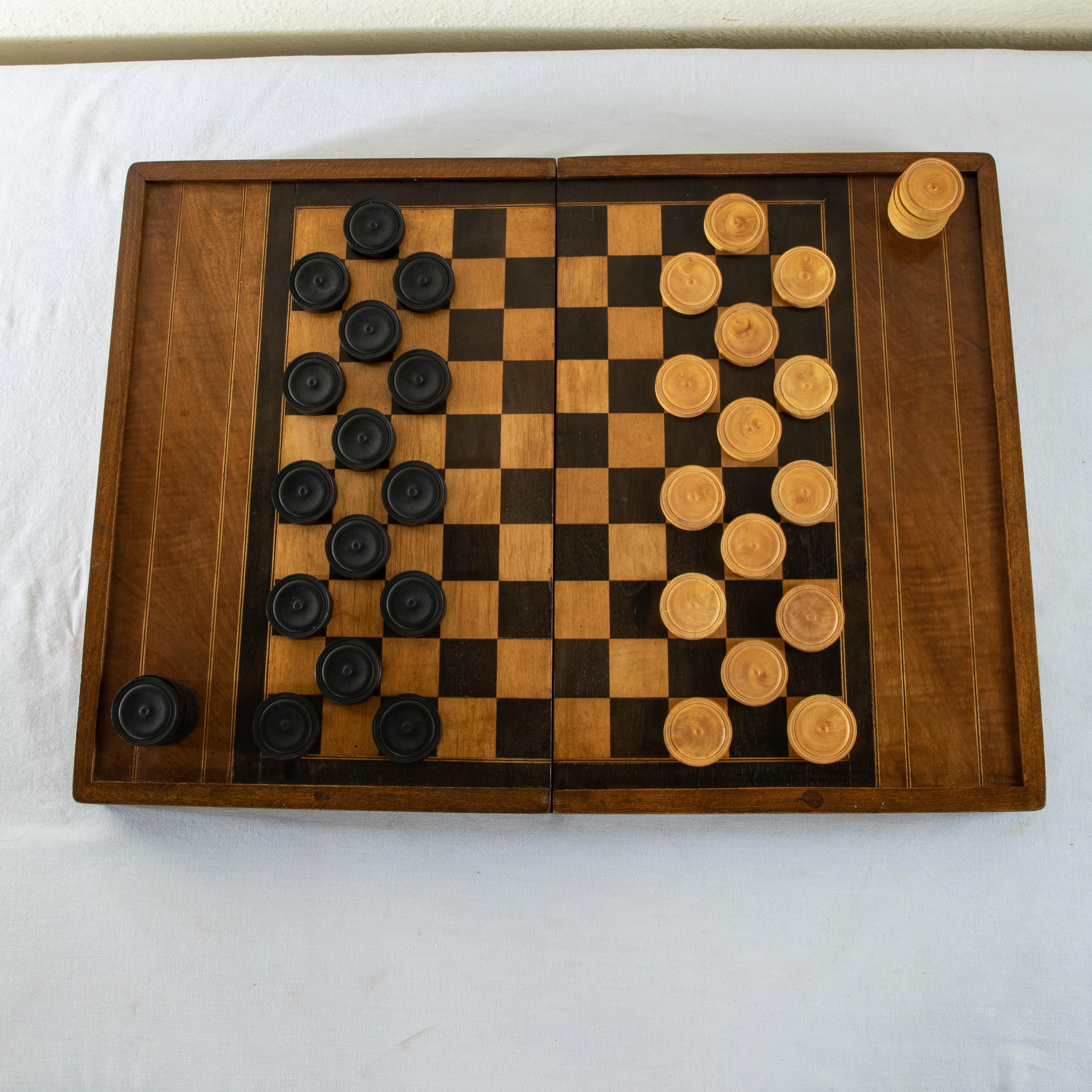 Early 20th Century French Marquetry Game Box, Backgammon, Checkers For Sale 4