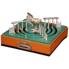 Antique Early 20th Century French Mechanical Horse Racing Game with Top Case