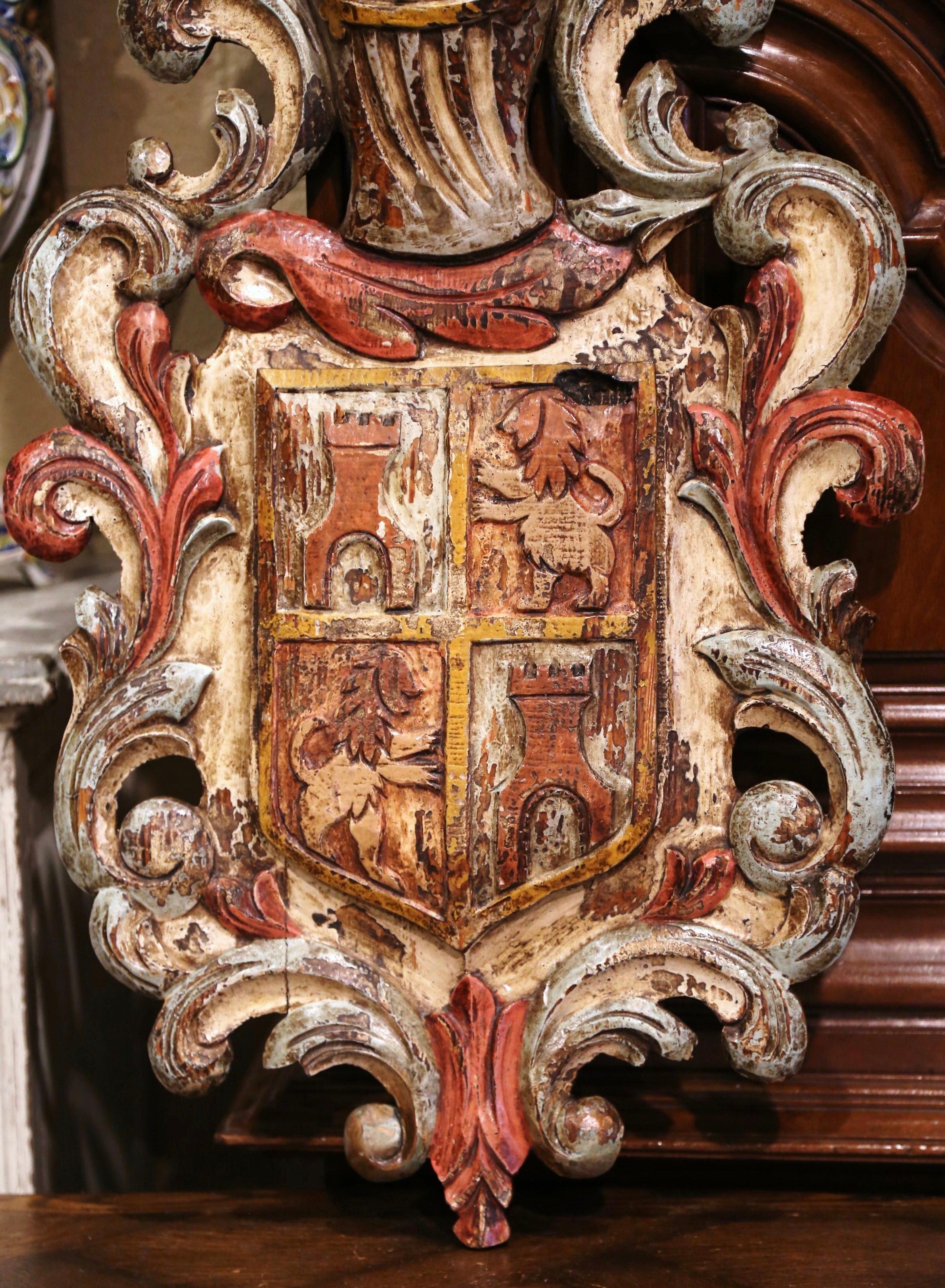 Hand-Carved Early 20th Century French Medieval Hand Carved and Painted Wall Coat of Arms