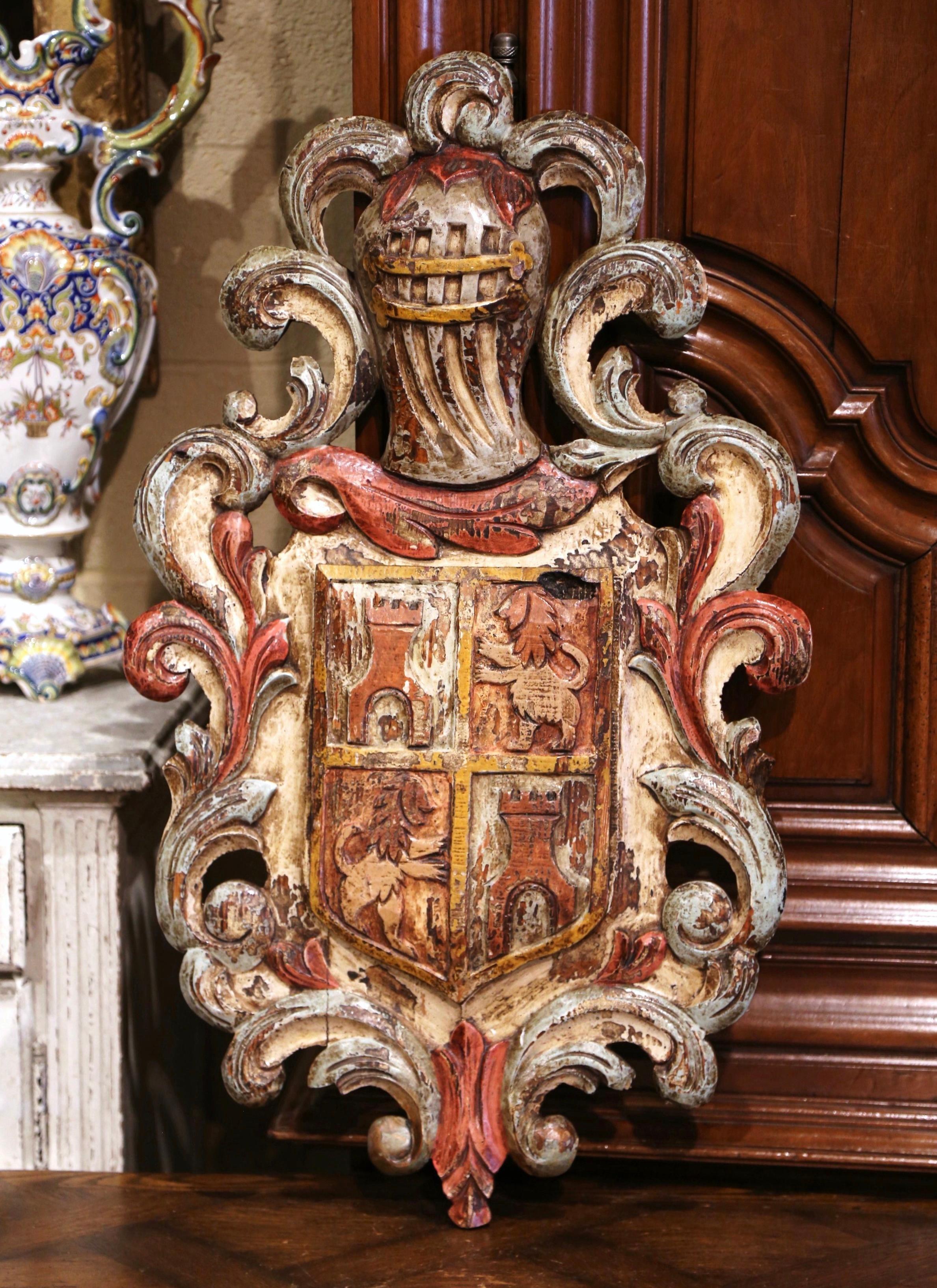 Early 20th Century French Medieval Hand Carved and Painted Wall Coat of Arms In Excellent Condition In Dallas, TX