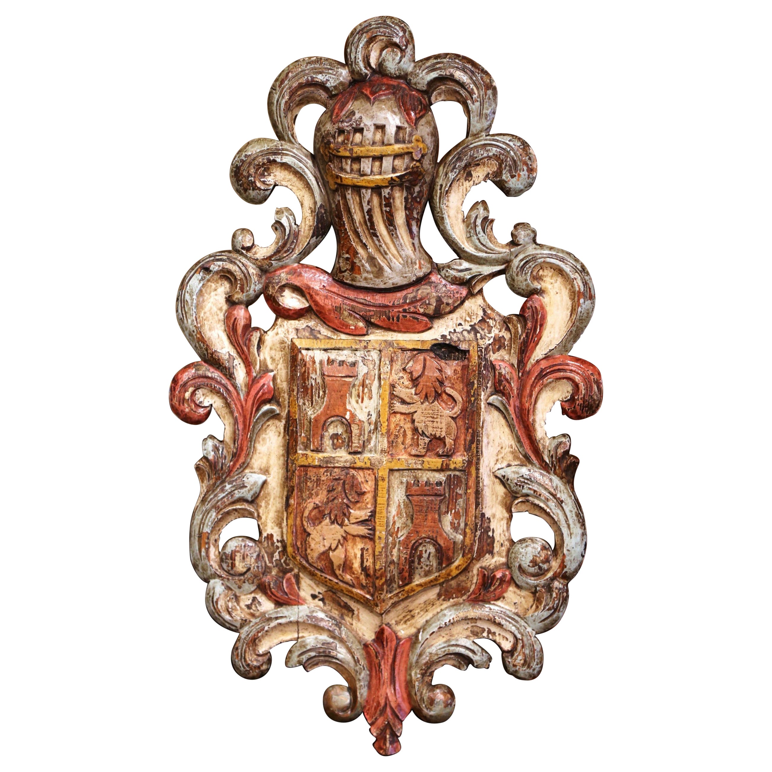 Early 20th Century French Medieval Hand Carved and Painted Wall Coat of Arms