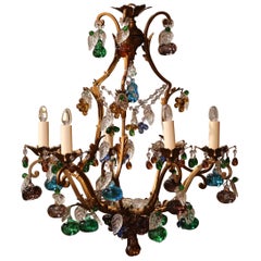 Early 20th Century French Metal and Crystal Fruit and Leaf Six-Light Chandelier