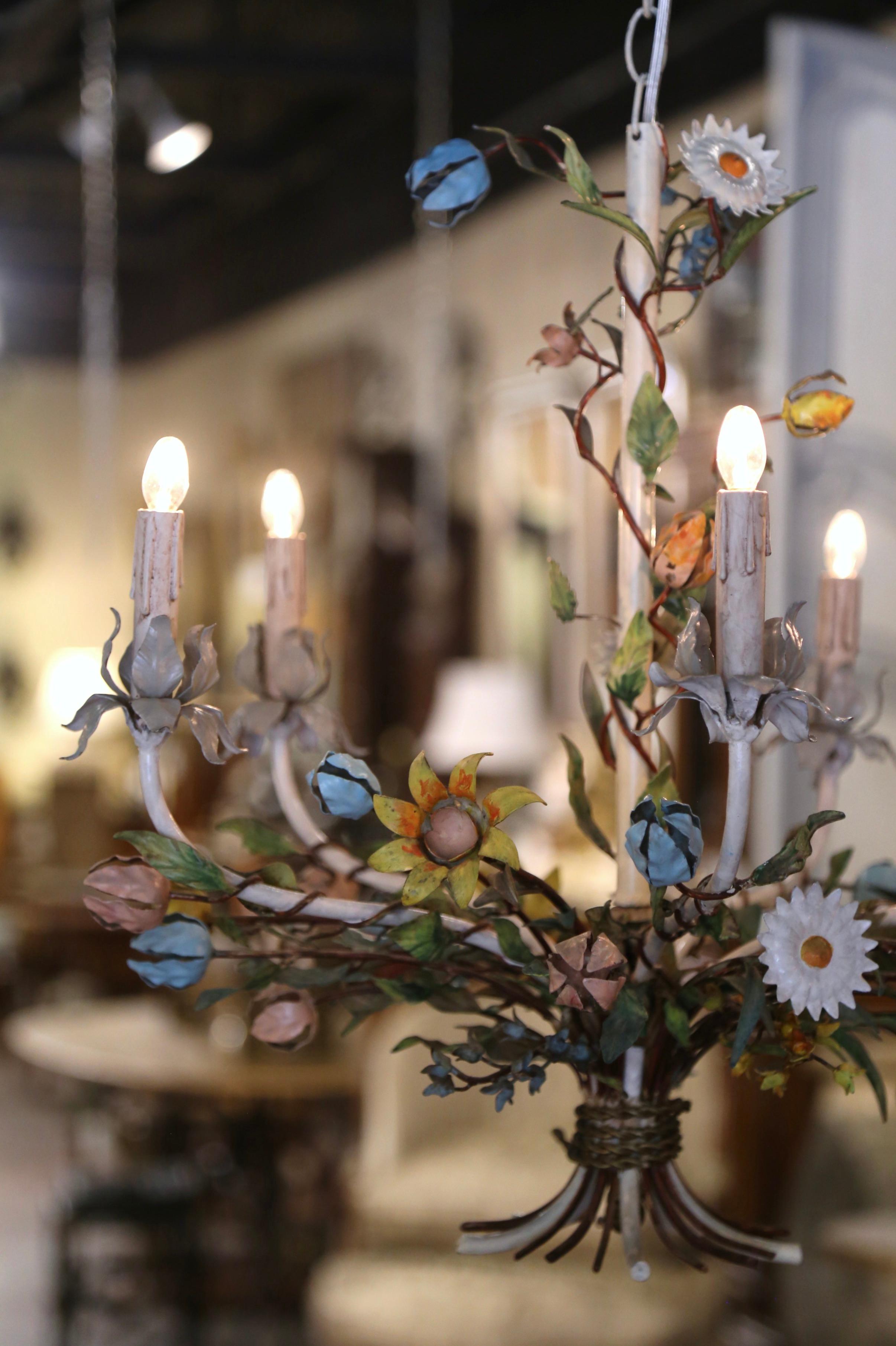 Early 20th Century French Metal and Painted Floral Five-Light Chandelier For Sale 7