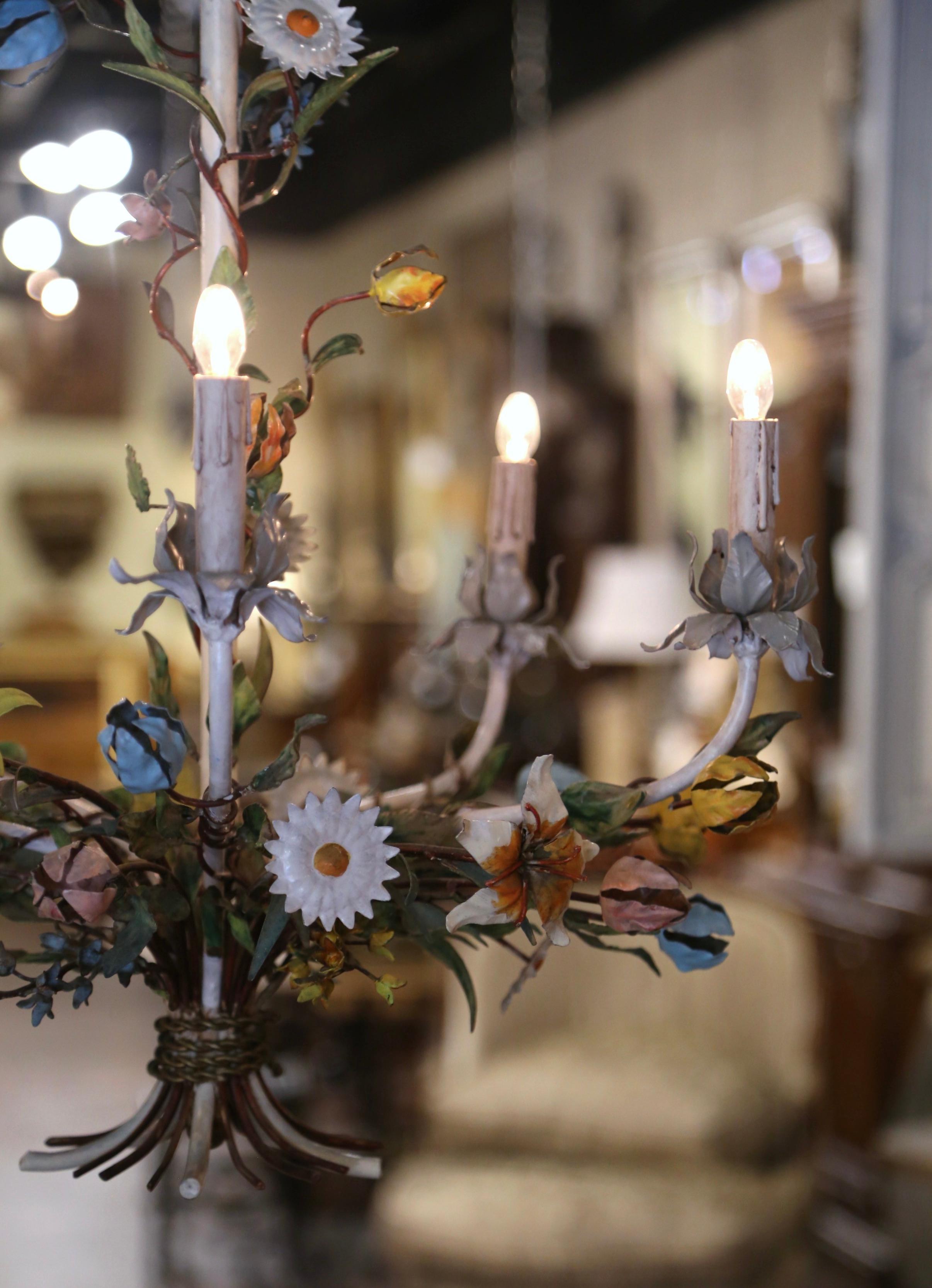 Early 20th Century French Metal and Painted Floral Five-Light Chandelier For Sale 8