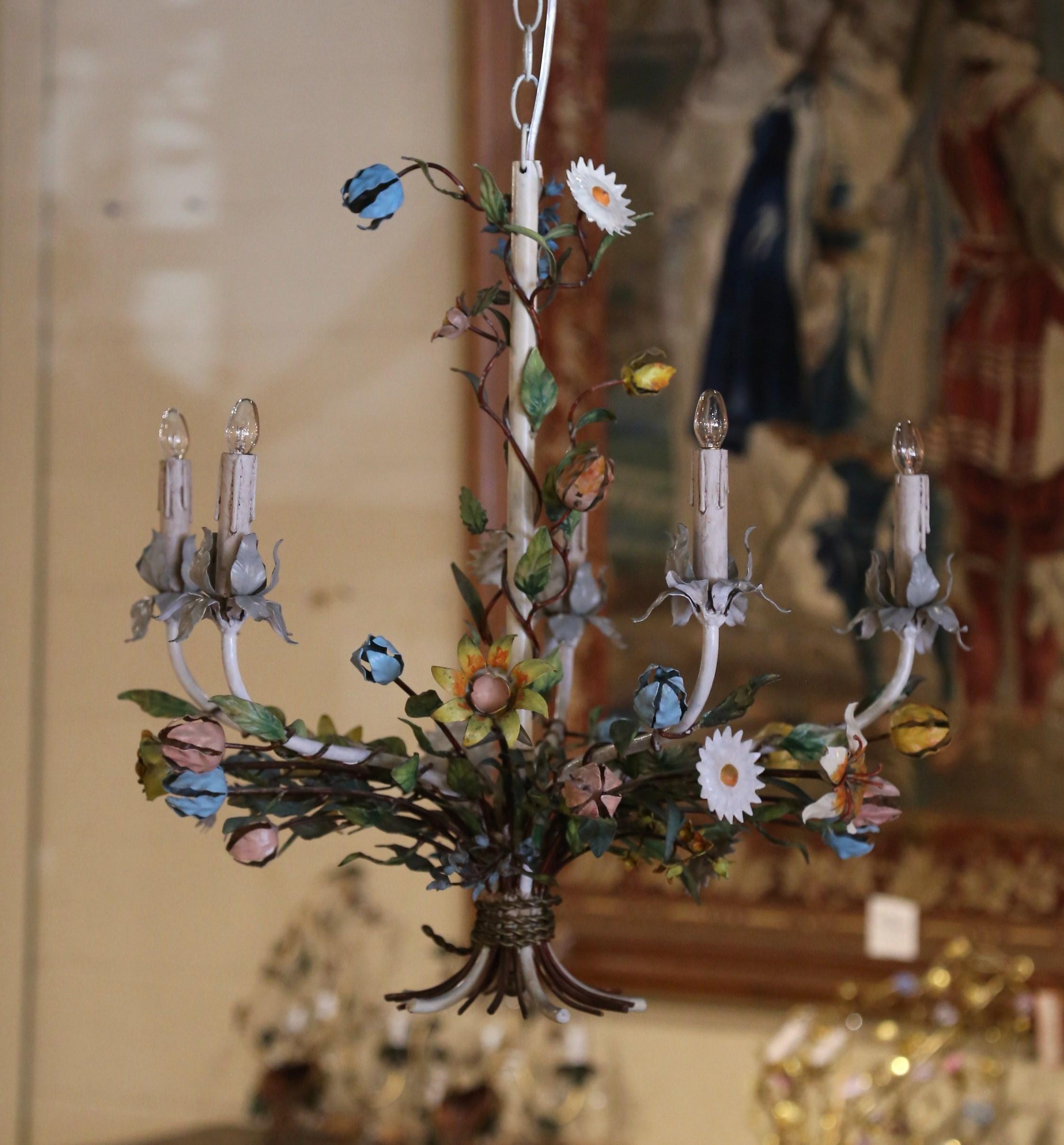 Early 20th Century French Metal and Painted Floral Five-Light Chandelier For Sale 9