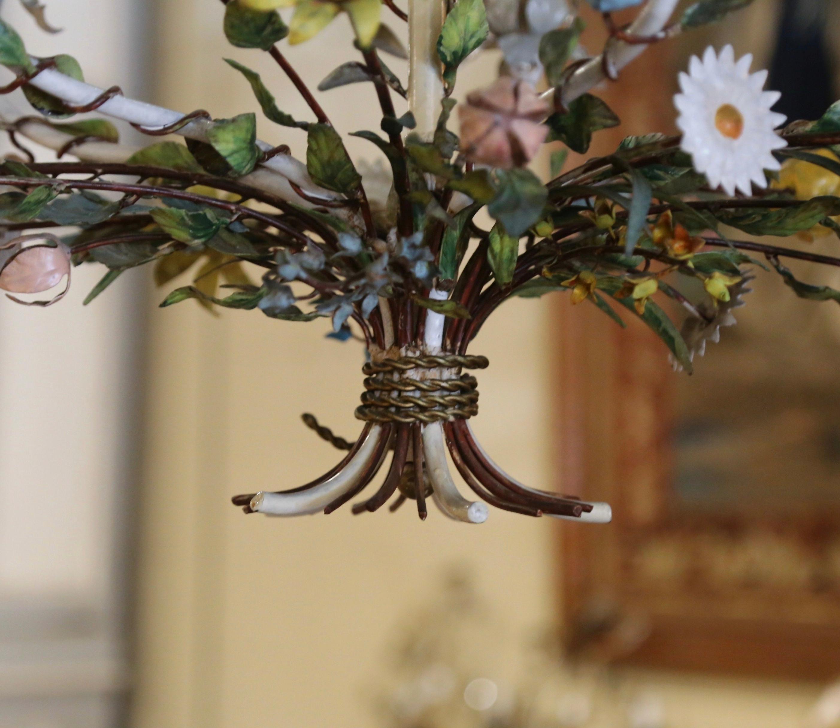 Early 20th Century French Metal and Painted Floral Five-Light Chandelier For Sale 10