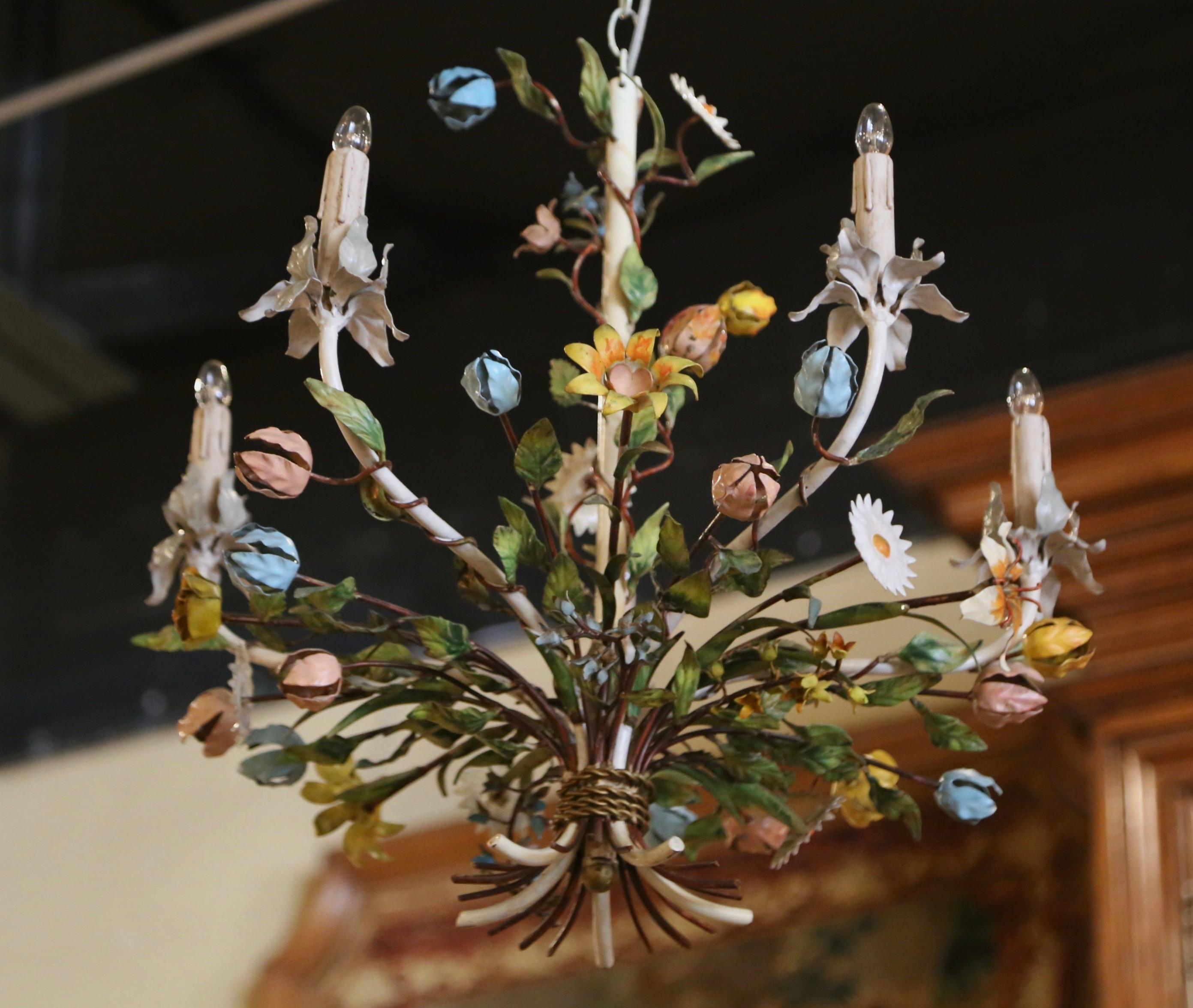 Early 20th Century French Metal and Painted Floral Five-Light Chandelier For Sale 11