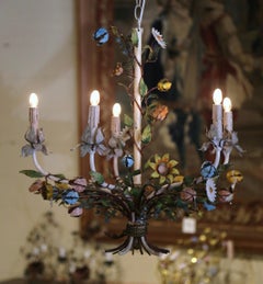 Early 20th Century French Metal and Painted Floral Five-Light Chandelier