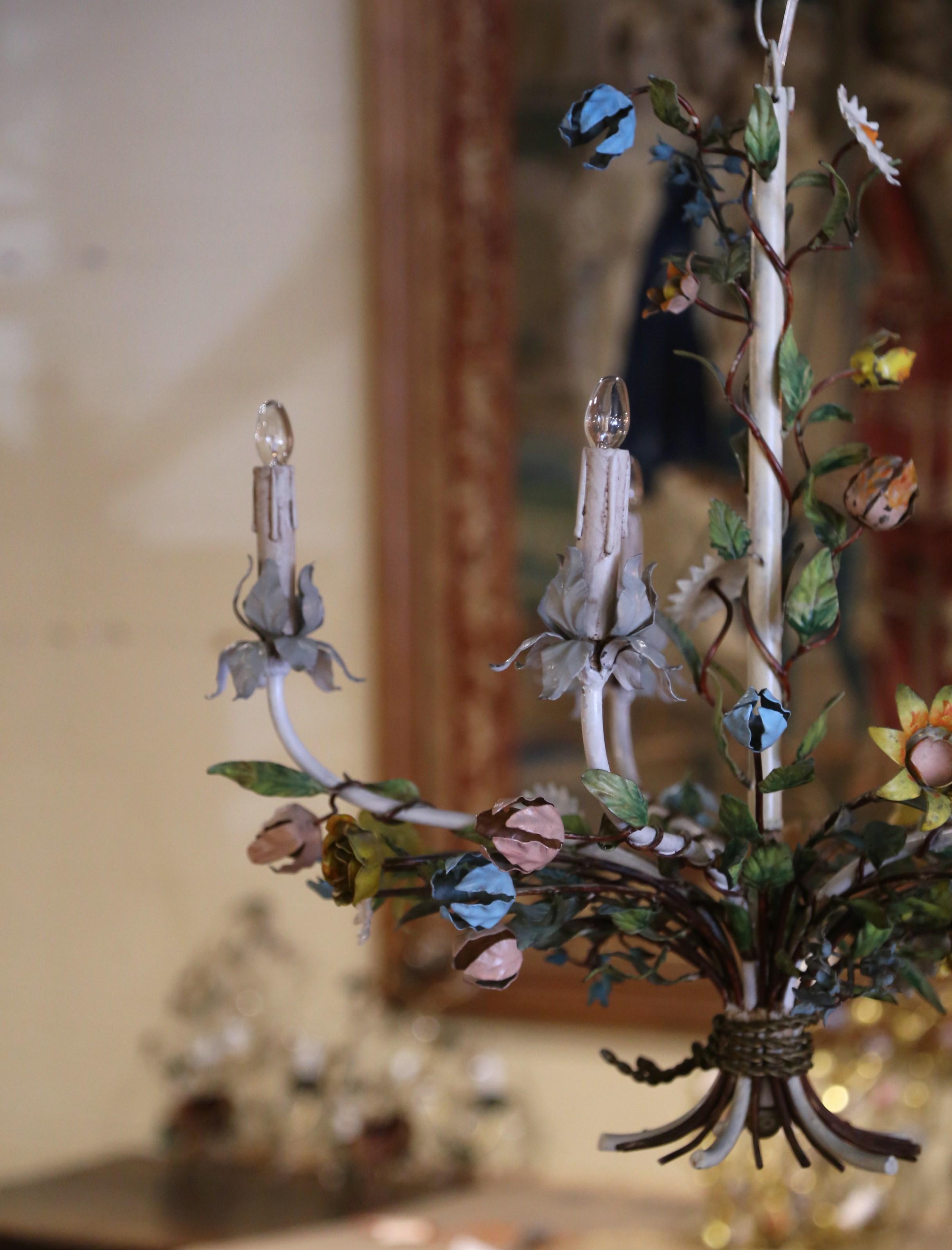 Hand-Crafted Early 20th Century French Metal and Painted Floral Five-Light Chandelier For Sale