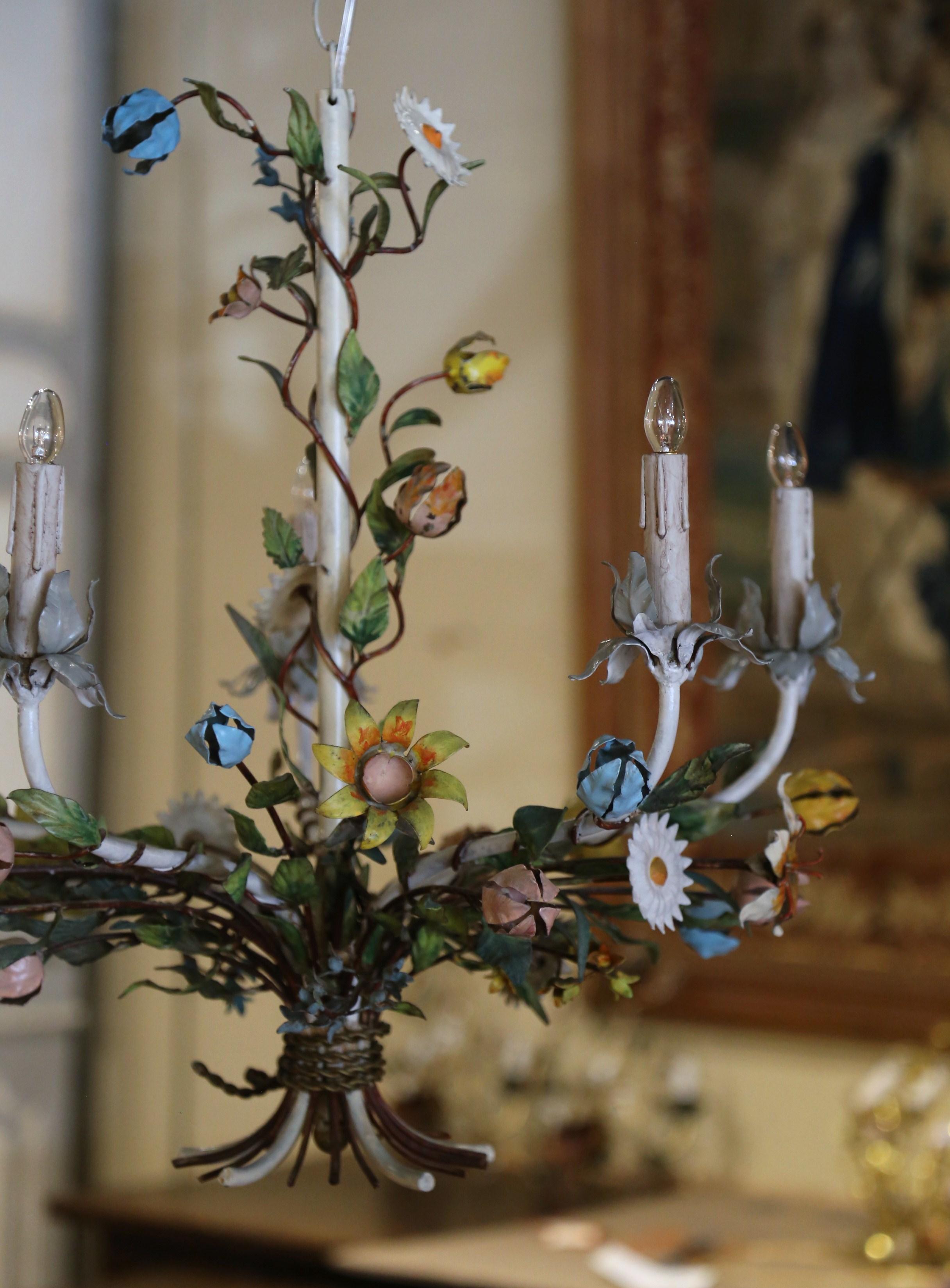 Early 20th Century French Metal and Painted Floral Five-Light Chandelier In Excellent Condition For Sale In Dallas, TX